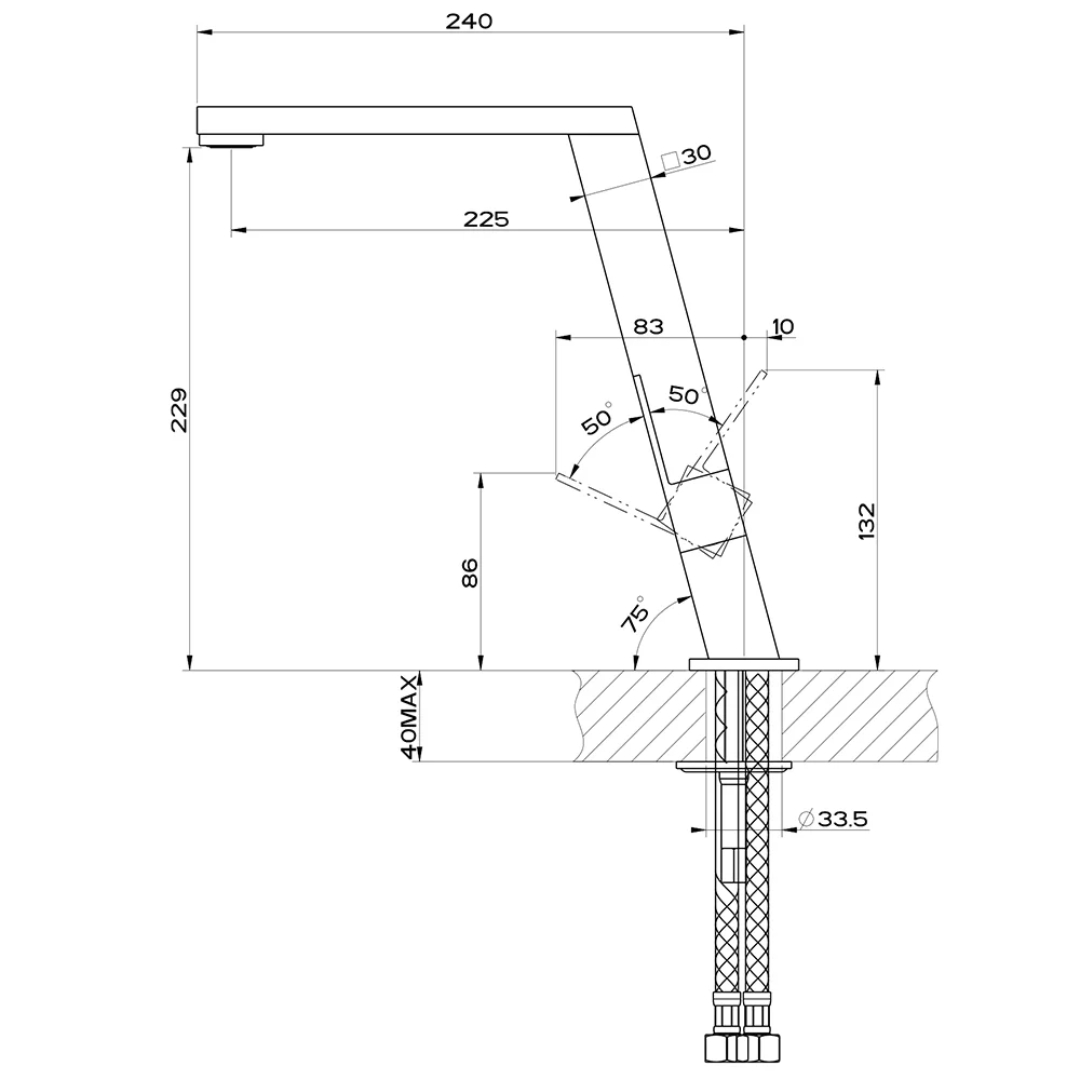 Disegno tecnico di un rubinetto con dimensioni e angoli.