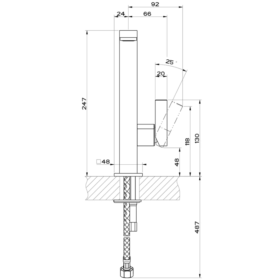 Disegno tecnico di un rubinetto con dimensioni e angoli.