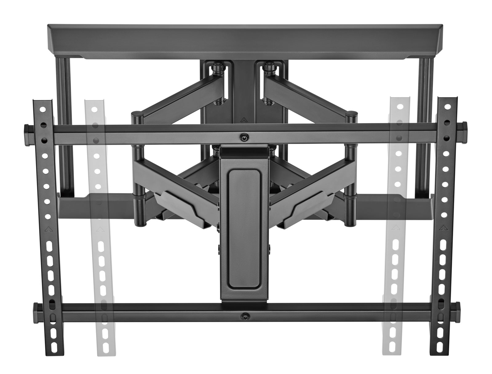 Schwarze TV-Wandhalterung aus Metall mit verstellbaren Armen und Montagehalterungen.