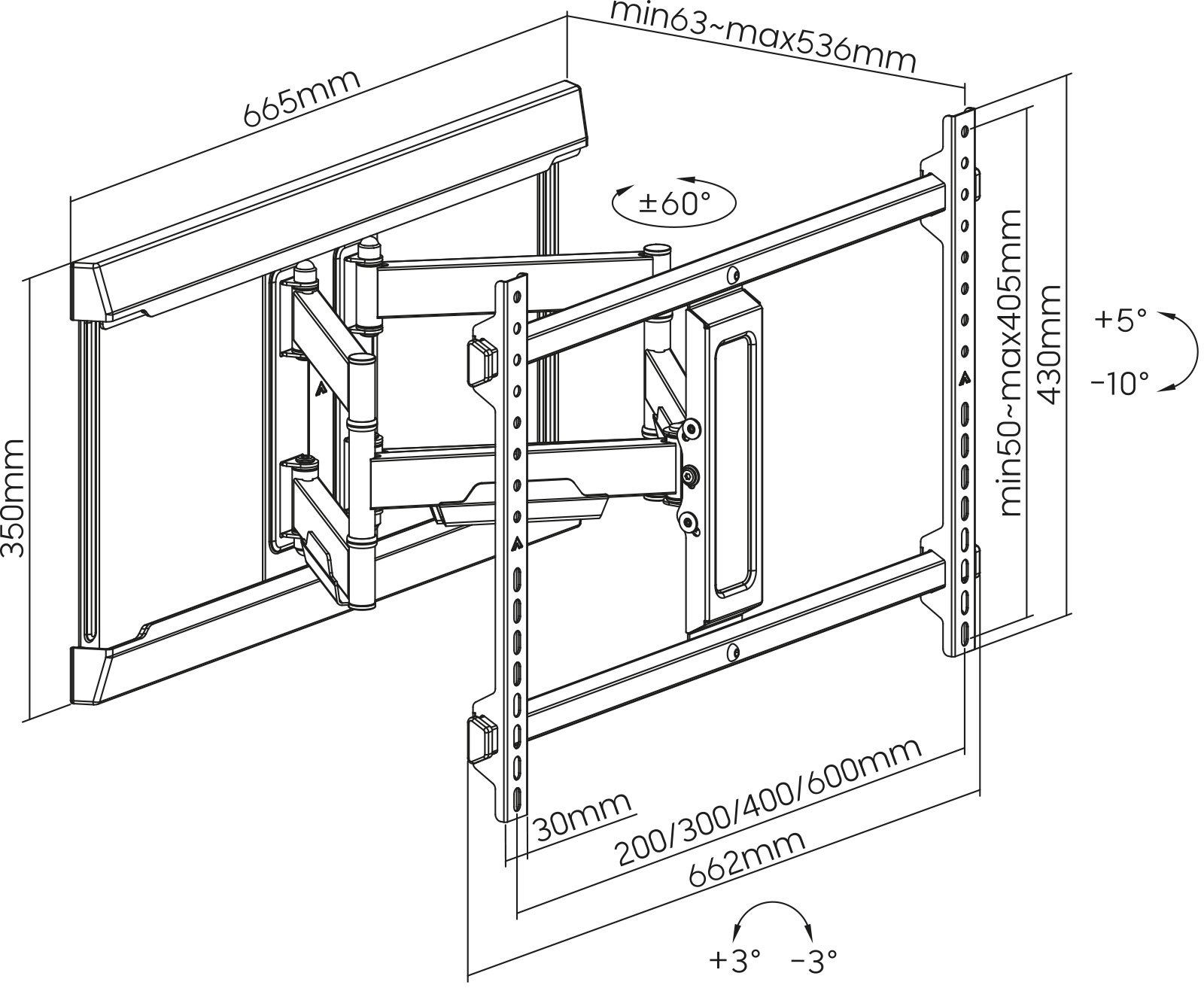 Diagramm einer schwarzen, schwenkbaren TV-Wandhalterung mit Maßen und Winkeln.