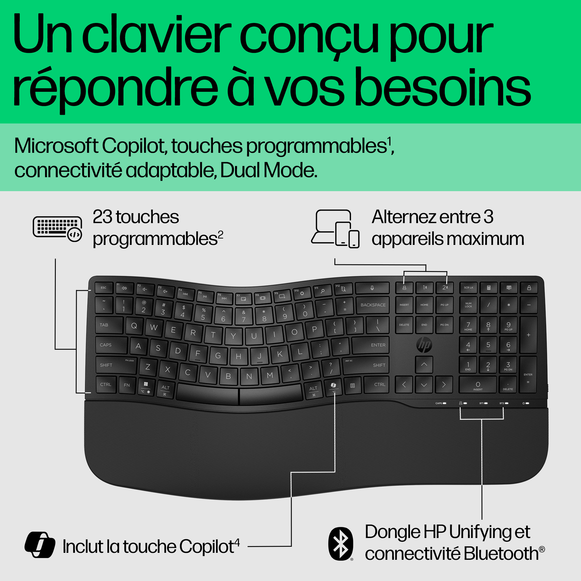 Teclado negro con reposamuñecas y teclado numérico. Etiquetas en francés.