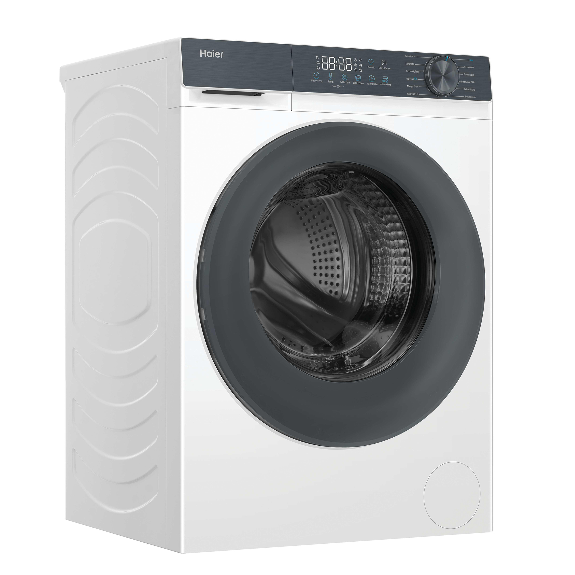 Eine weiße Haier Waschmaschine mit schwarzer Tür und Bedienfeld.