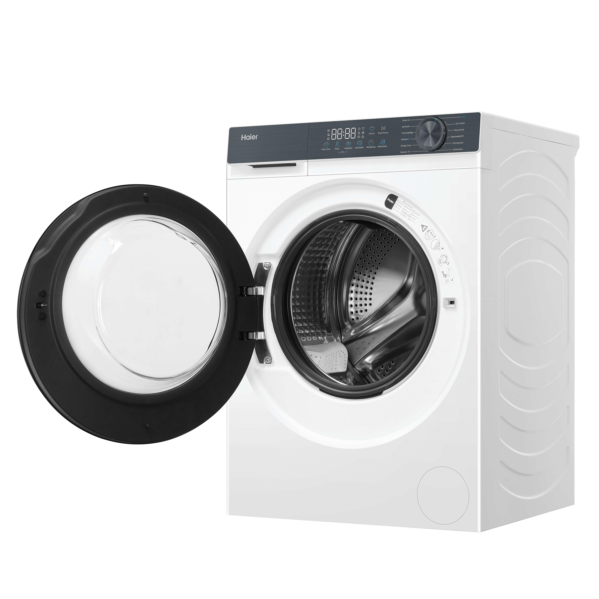 Weiße Waschmaschine mit geöffneter schwarzer Tür und digitalem Bedienfeld.