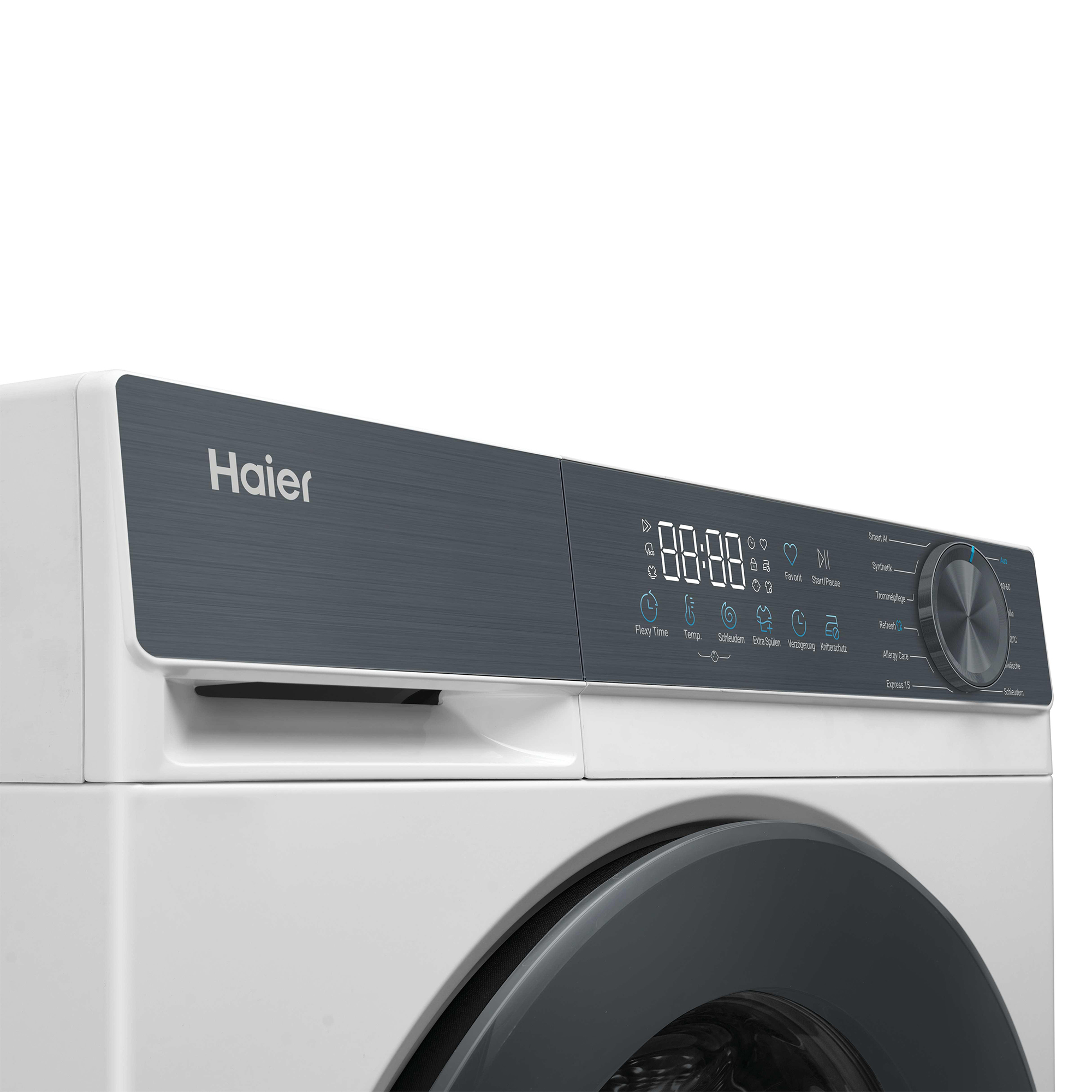 Ein weißer Haier Waschmaschinen-Bedienfeld mit digitaler Anzeige und Drehregler.