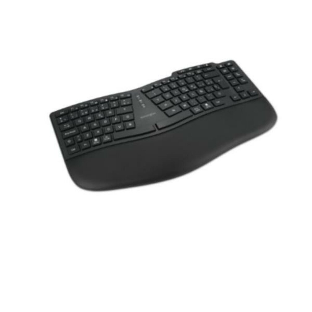 Teclado ergonómico negro con reposamuñecas sobre fondo blanco.