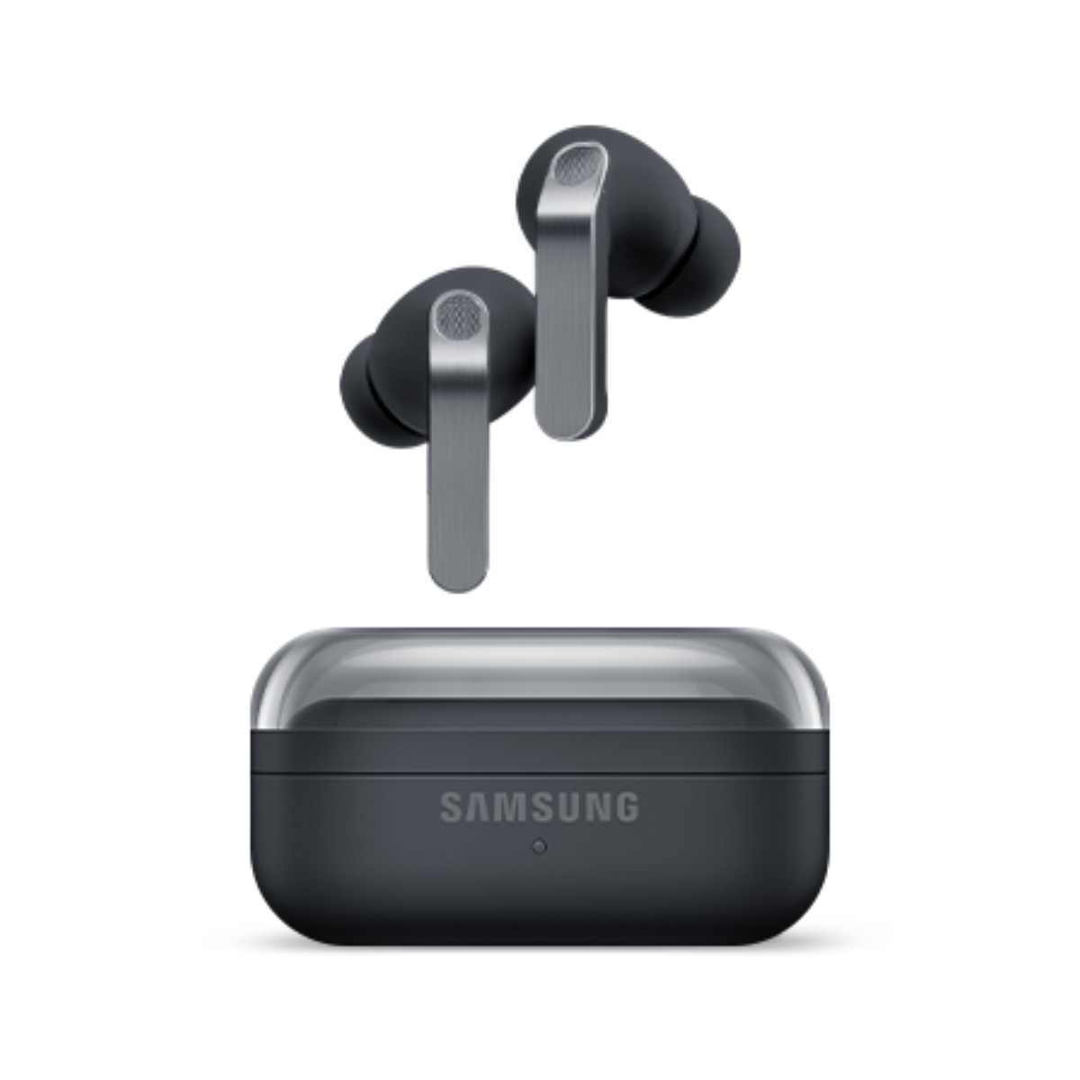 Auricolari wireless Samsung grigio scuro con accenti argentati, mostrati con custodia.