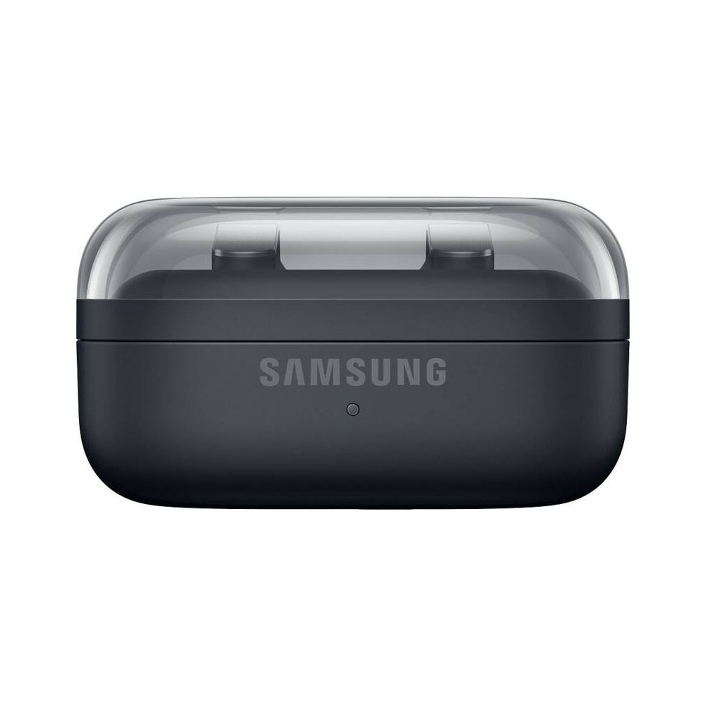 Custodia di ricarica Samsung nera per auricolari wireless con coperchio trasparente.