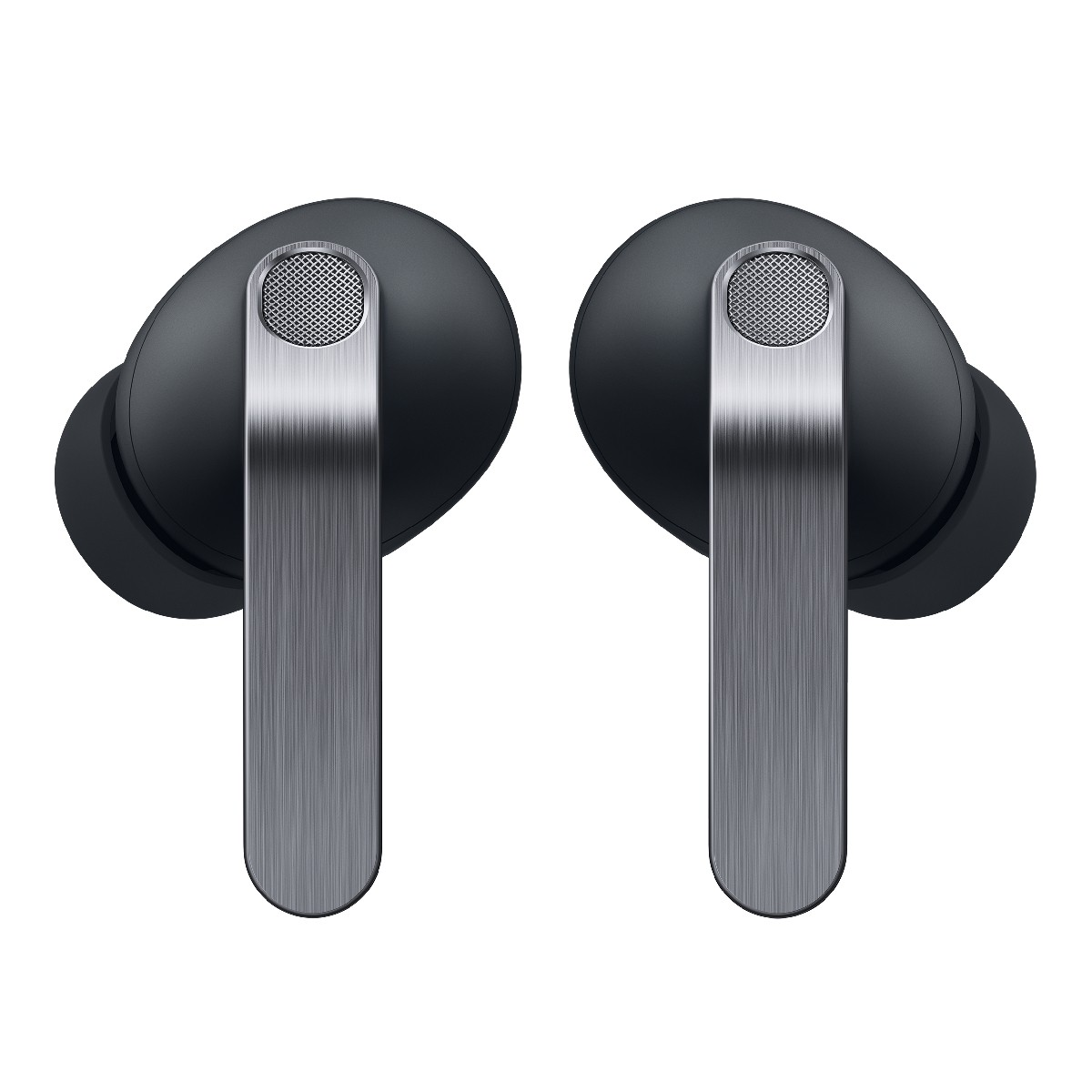 Due auricolari wireless neri con stelo argentato su sfondo bianco.