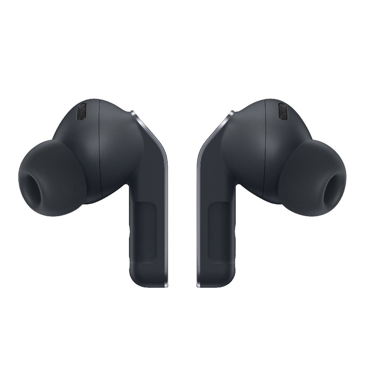 Due auricolari wireless scuri con stelo, su sfondo bianco.