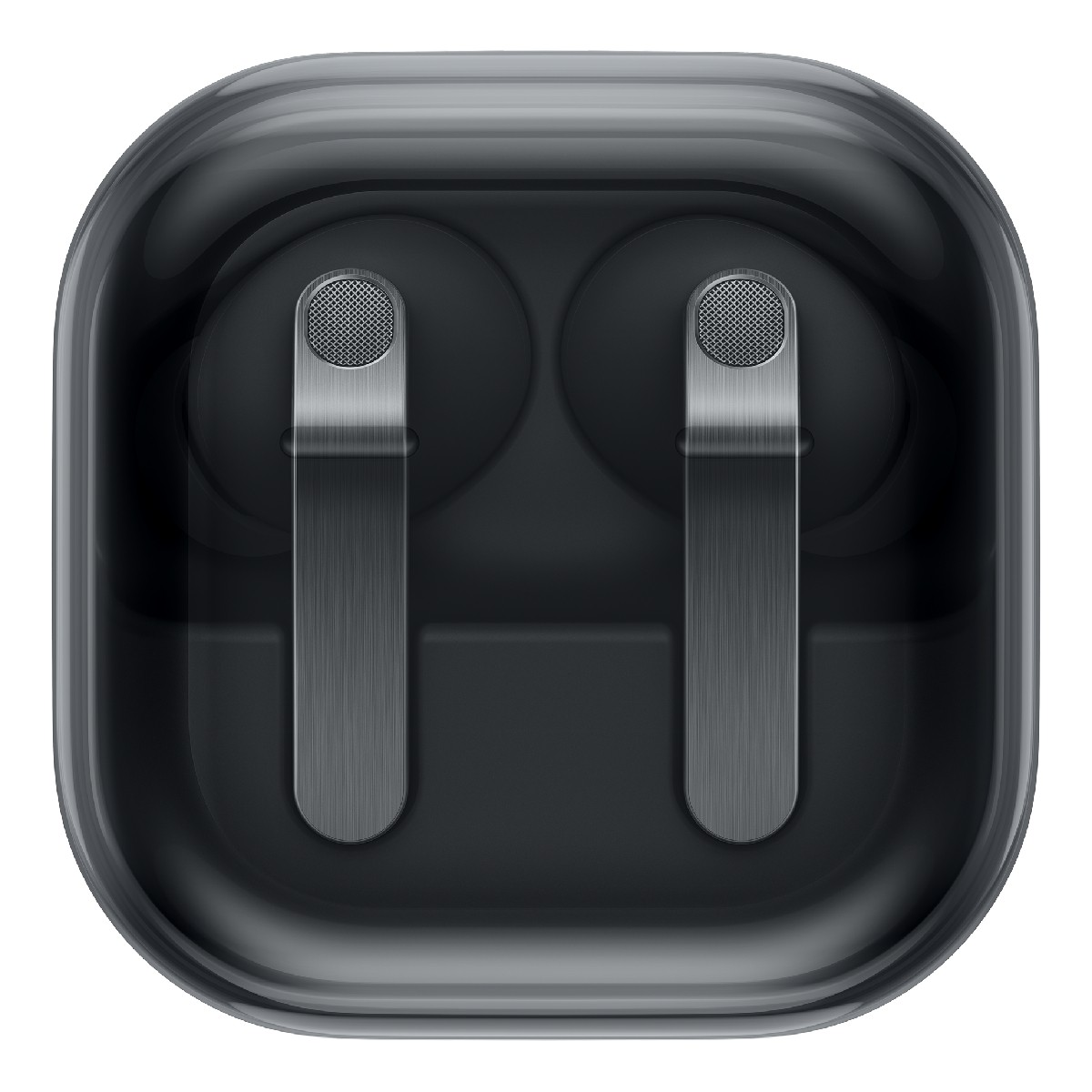 Due auricolari wireless neri all'interno di una custodia di ricarica nera trasparente.
