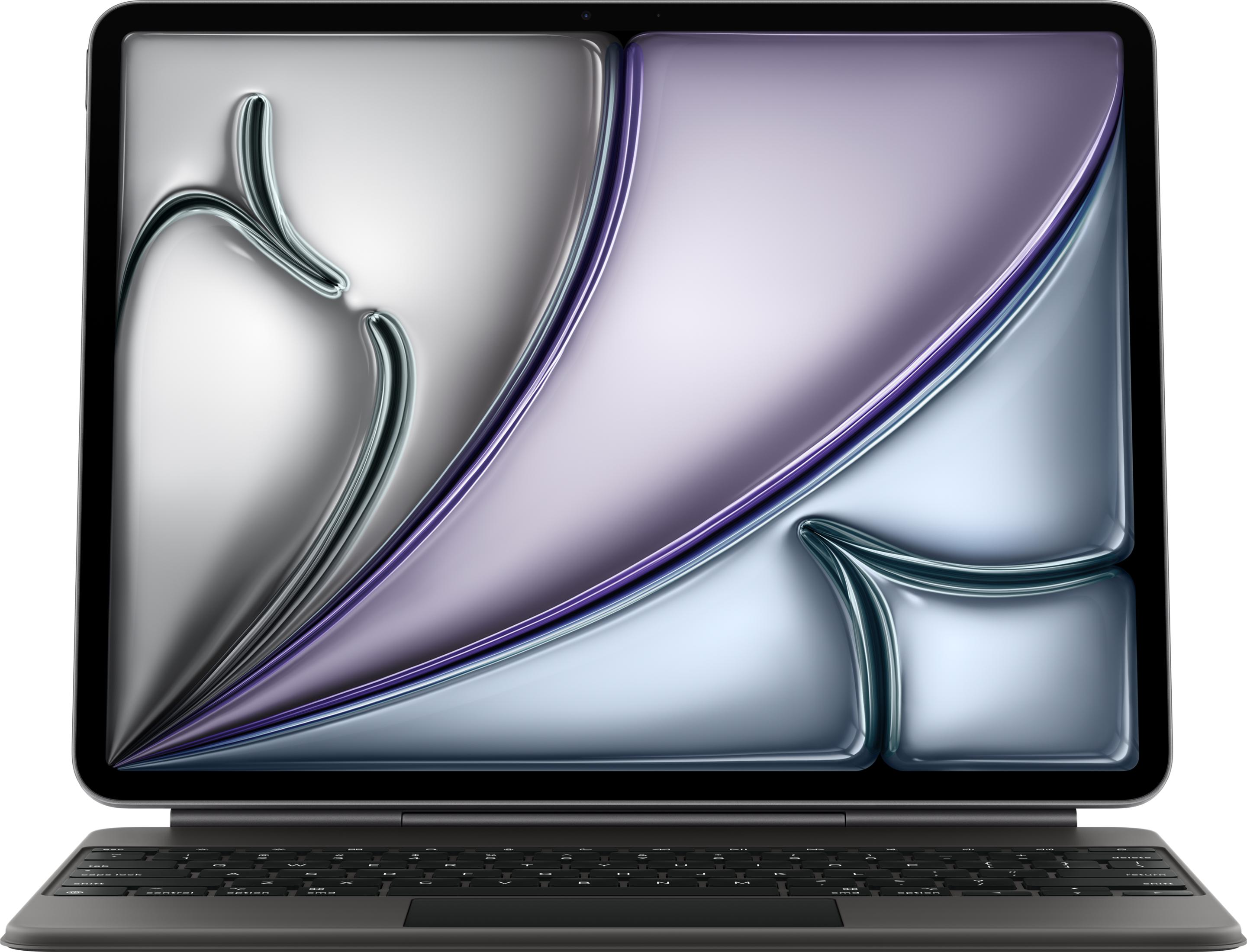 Un laptop con uno sfondo stilizzato e fluido sul suo schermo.