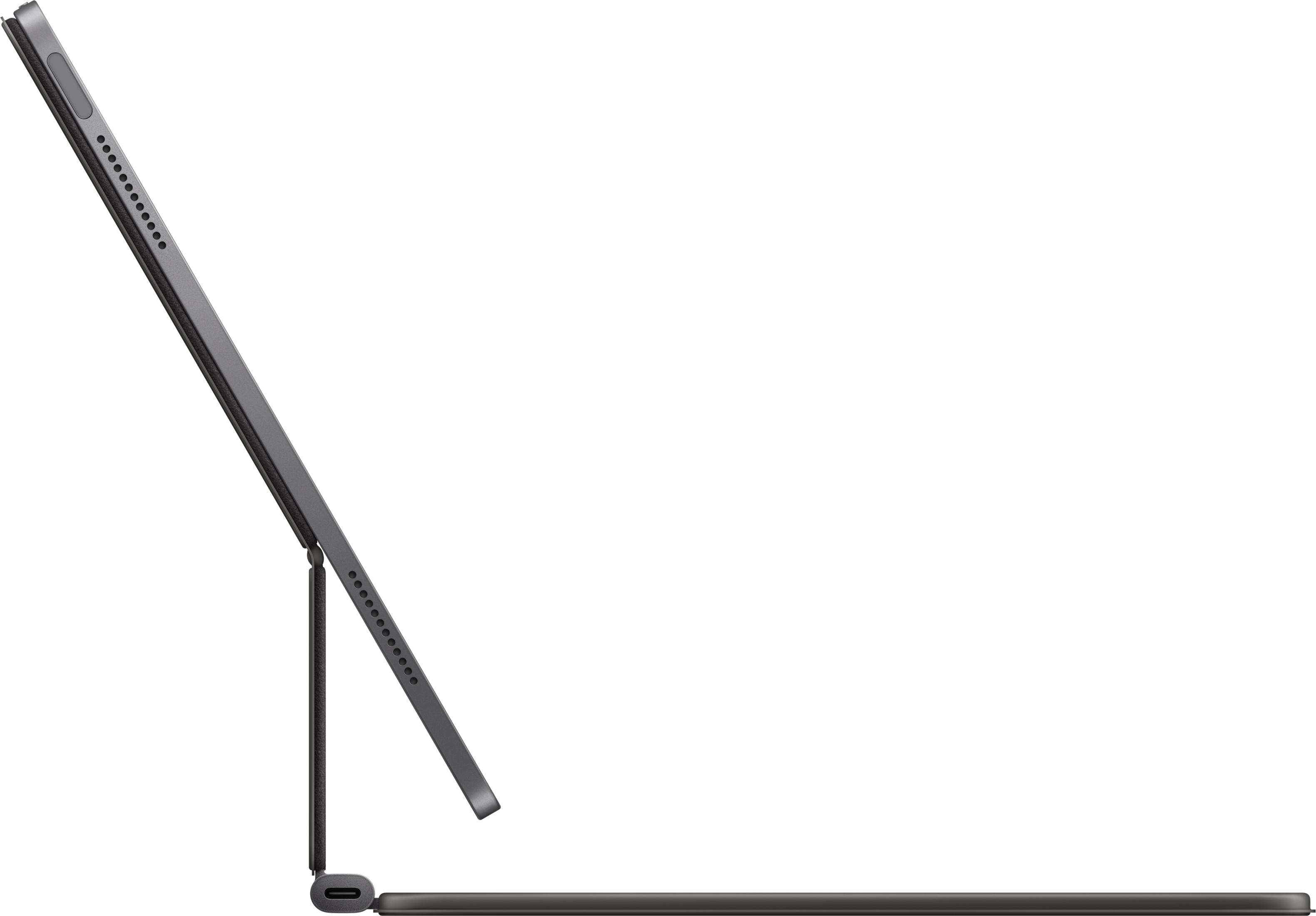 Un tablet grigio con Magic Keyboard attaccato, mostrato su sfondo bianco.