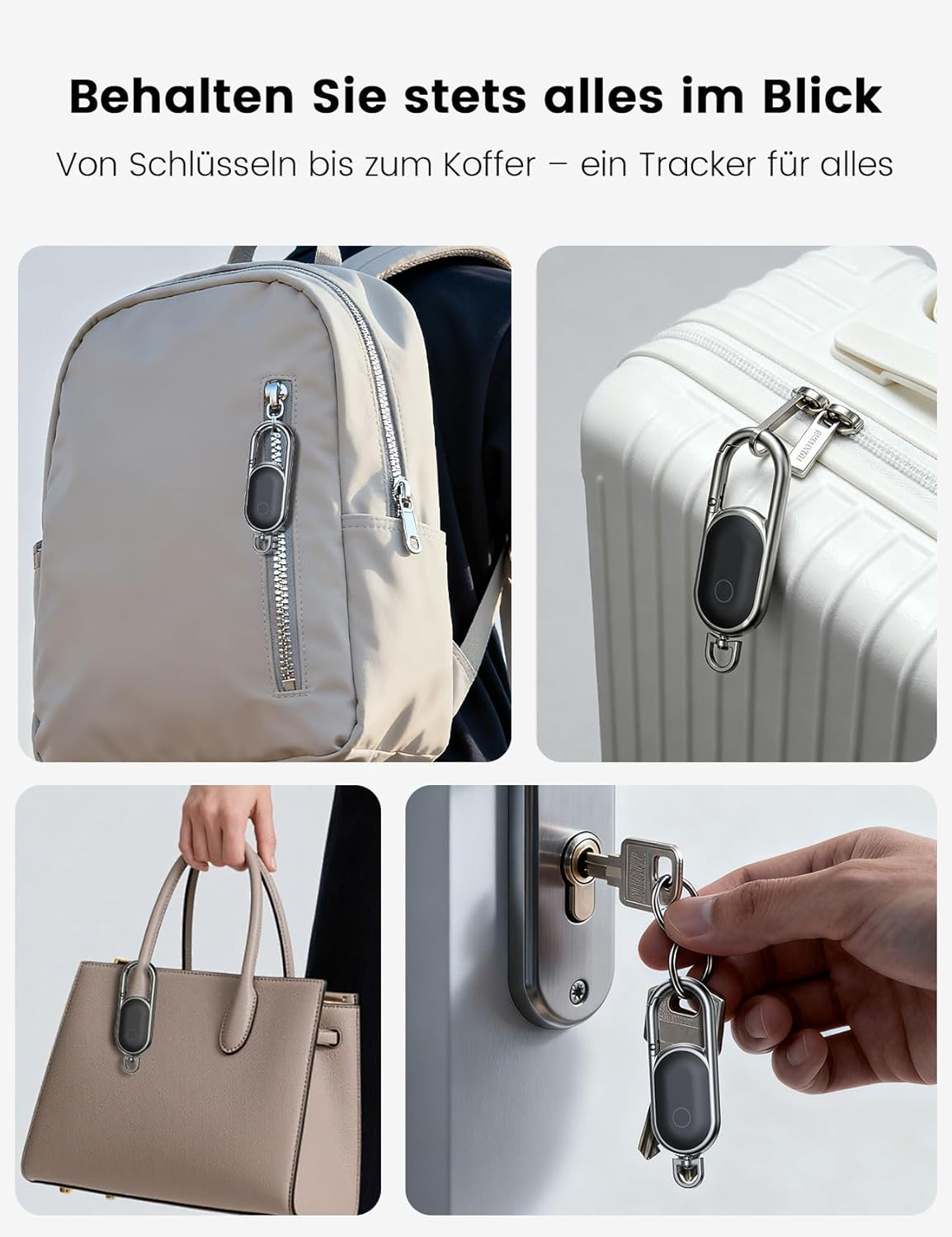 Ein Tracker an einem Rucksack, Koffer, Tasche und Schlüsselbund.