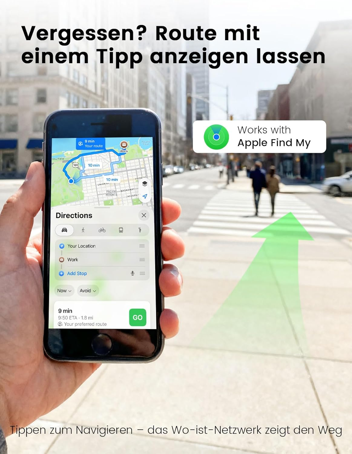 Ein iPhone zeigt eine Navigations-App mit einer Route und einen grünen Pfeil auf dem Bürgersteig.