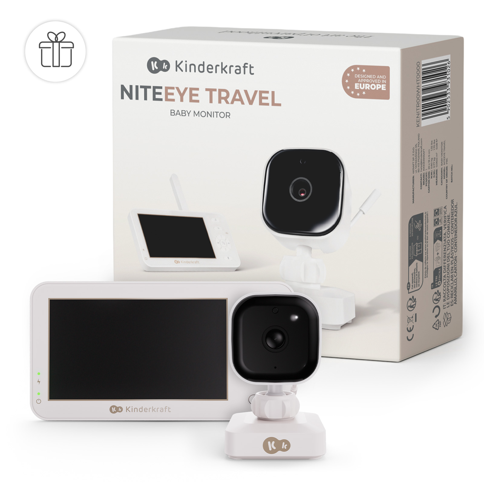 Ein weißer Baby Monitor mit Kamera und Bildschirm, verpackt mit Karton.