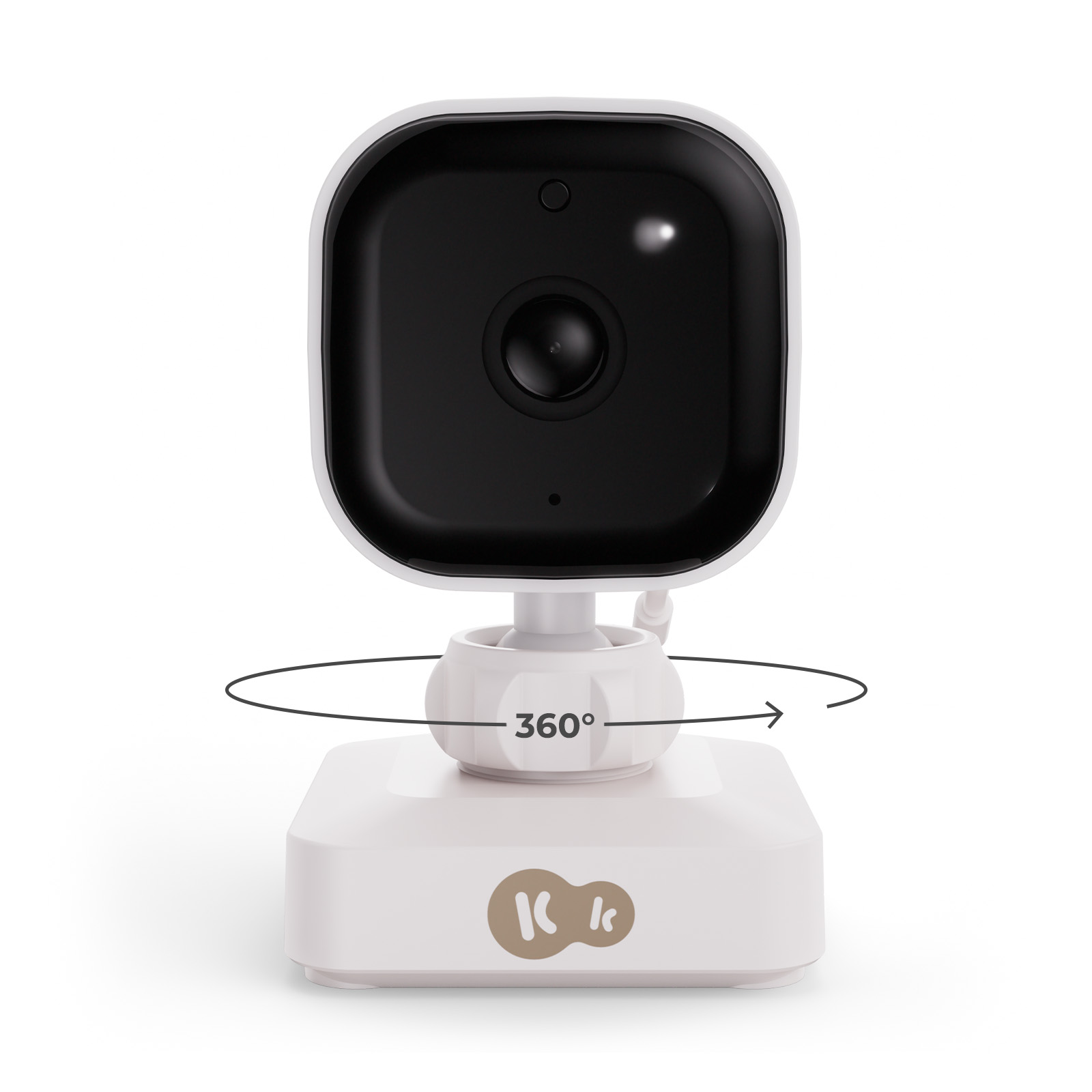 Eine weiße Smart-Kamera mit schwarzer Linse und Basis, die eine 360°-Drehung zeigt.