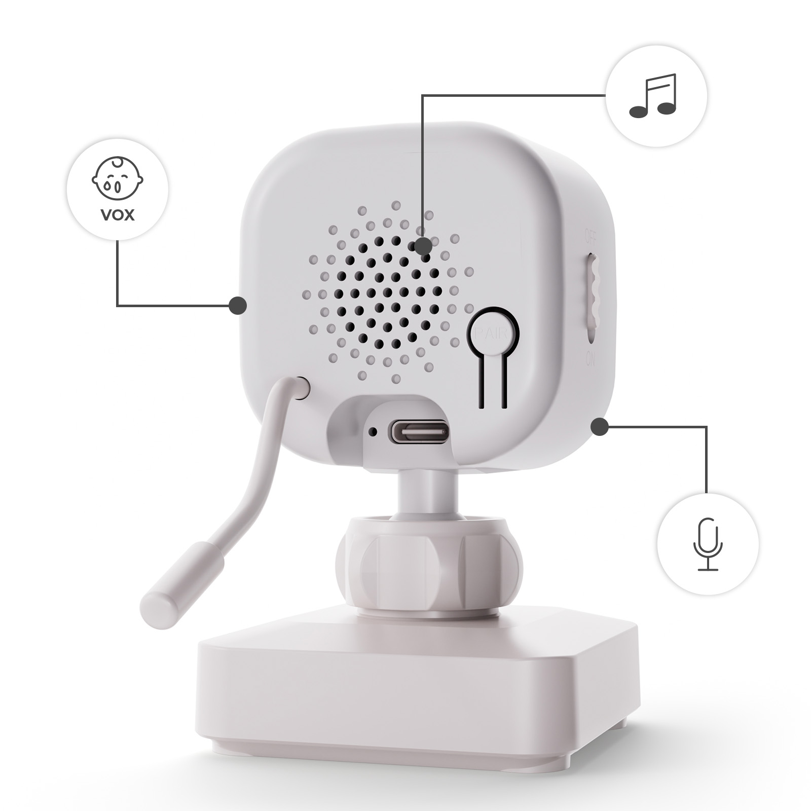 Weißes Babyphone mit VOX-, Musik-, Mikrofon-Symbolen. USB-C-Anschluss, Kopplungstaste, Ein/Aus-Schalter.