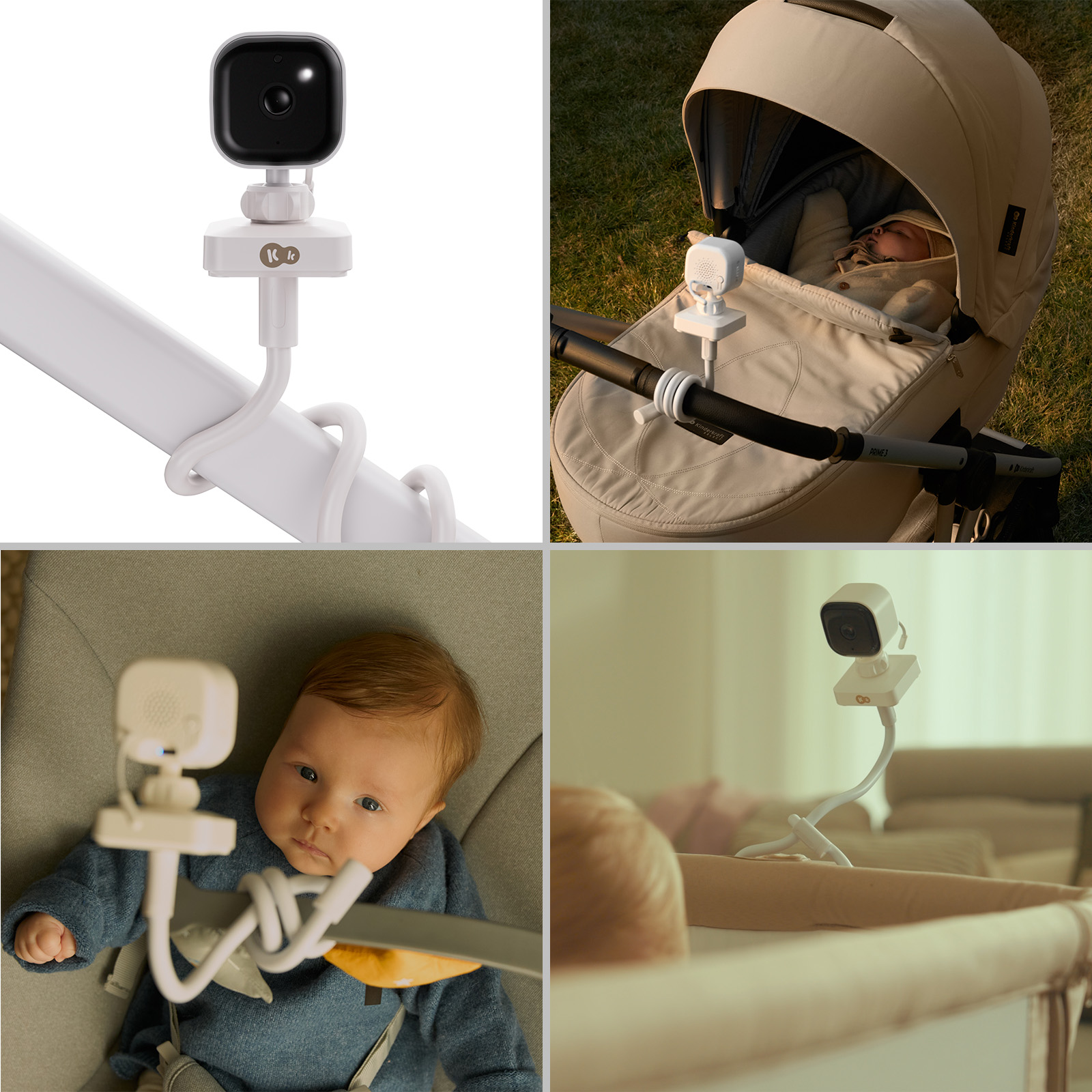Überwachungskamera auf flexibler Halterung, befestigt am Kinderwagen, Baby im Kinderwagen.