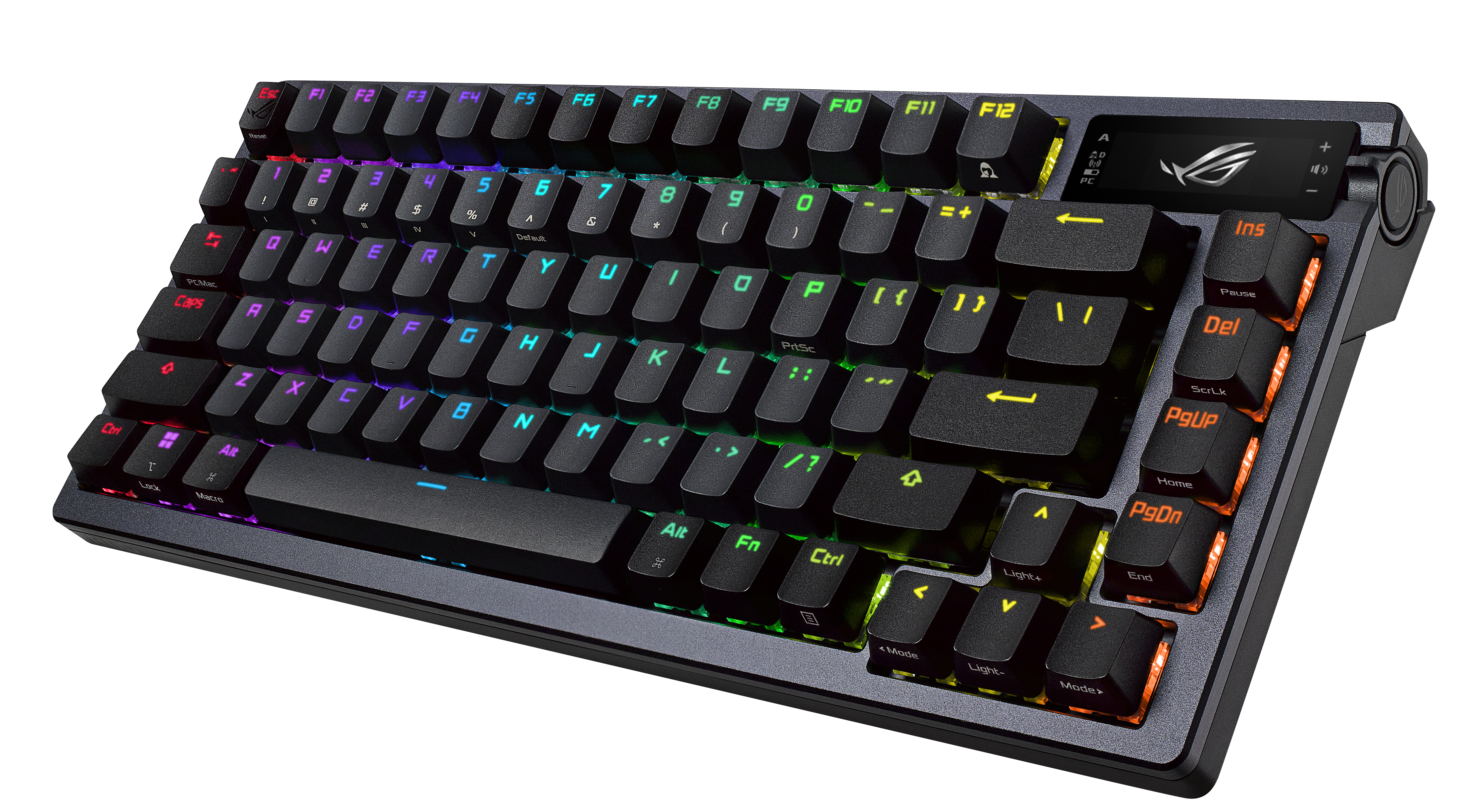 Una tastiera nera con illuminazione RGB e logo ROG.