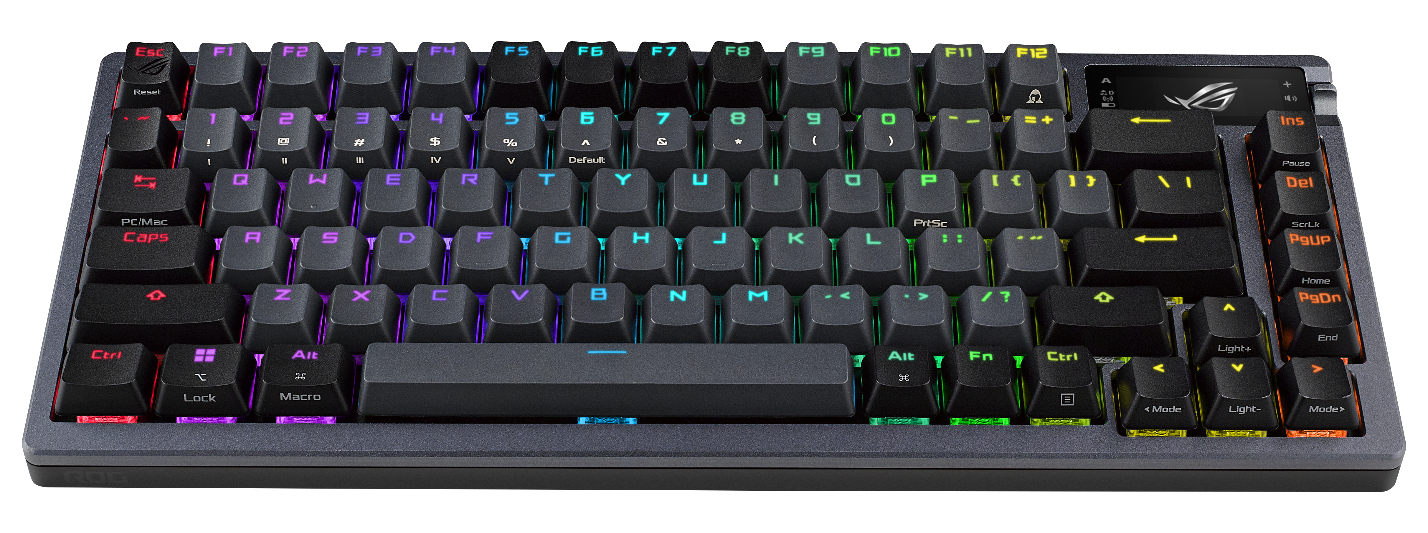 A black mechanical keyboard with RGB lighting and the ROG logo.