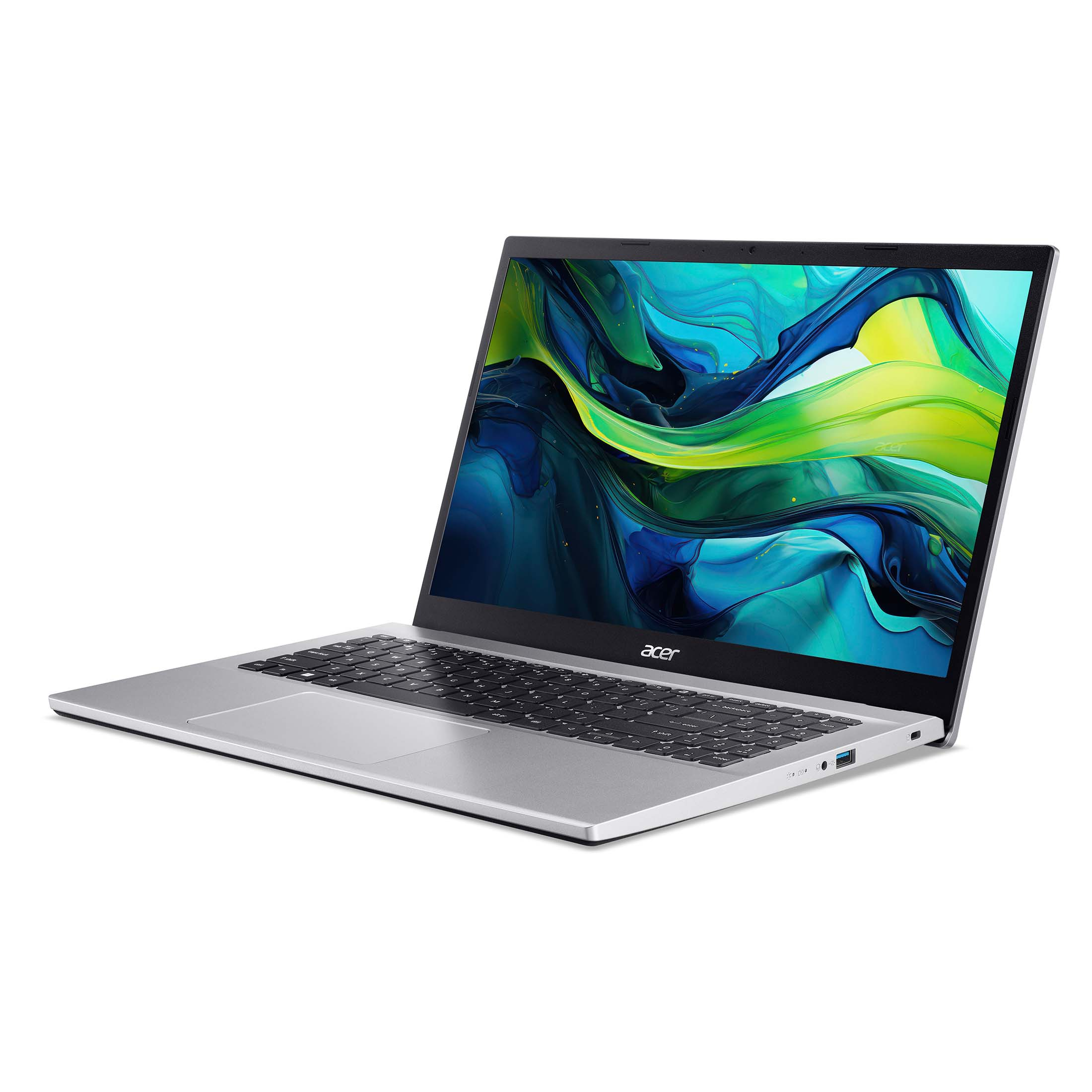 Silberner Acer Laptop mit Tastatur und einem abstrakten Hintergrund auf dem Bildschirm.