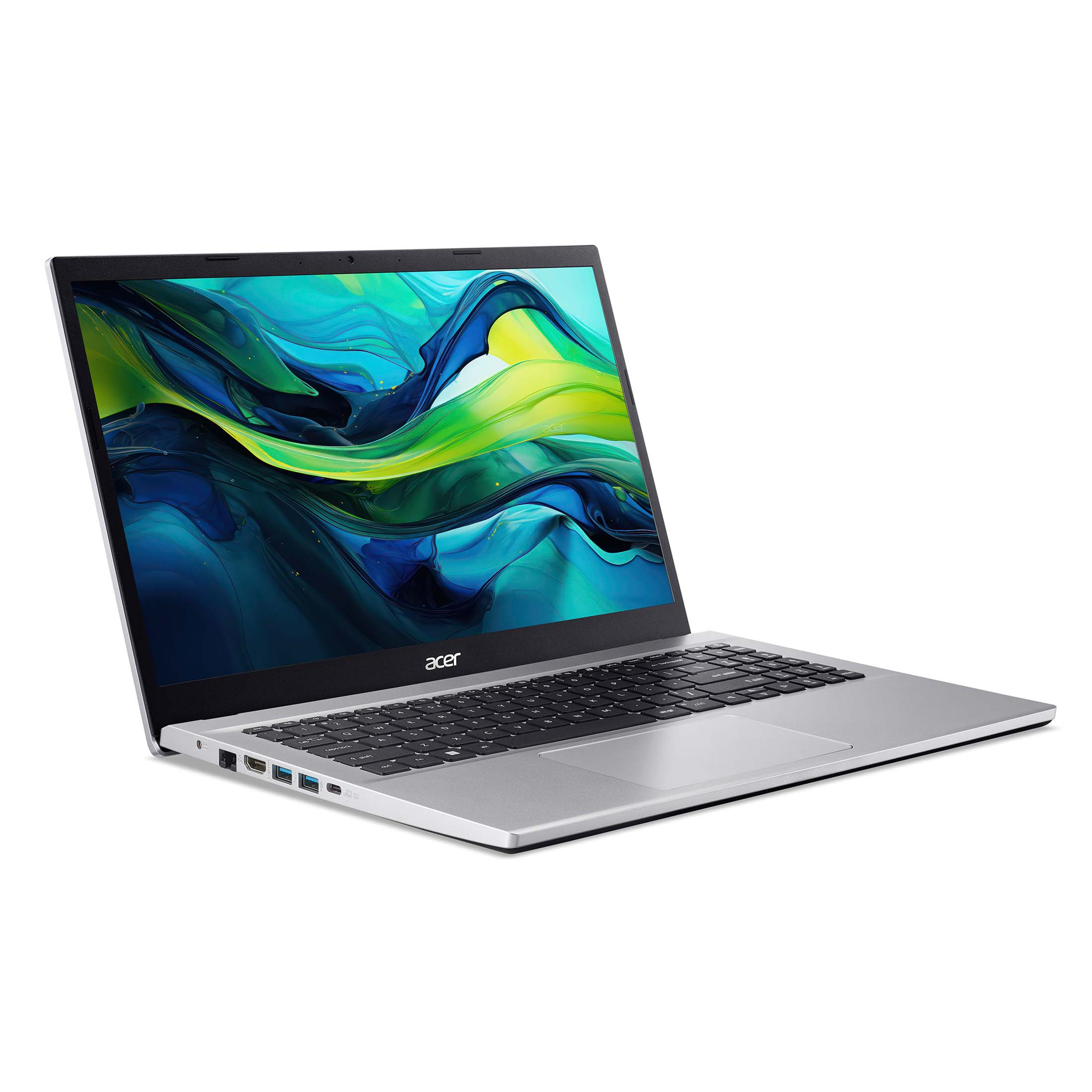 Ein silberner Acer Laptop mit geöffnetem Bildschirm, der ein abstraktes, farbenfrohes Bild zeigt.