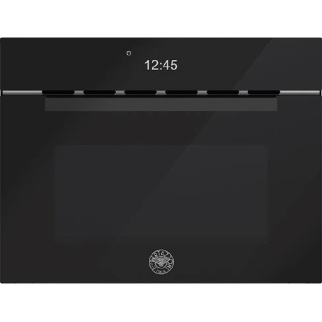 Un forno da incasso nero con porta in vetro e display dell'ora digitale (12:45).