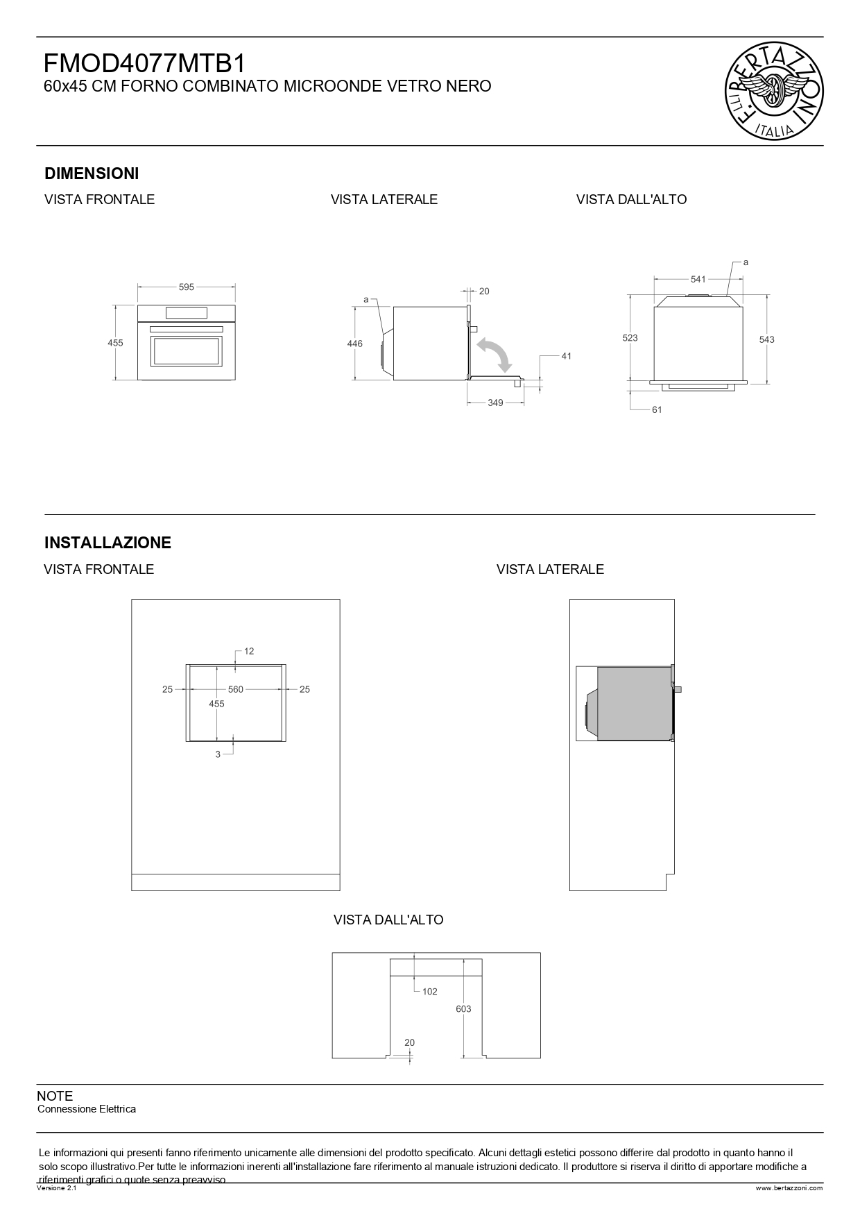 Disegno tecnico di un forno da incasso nero con dimensioni e dettagli installazione.
