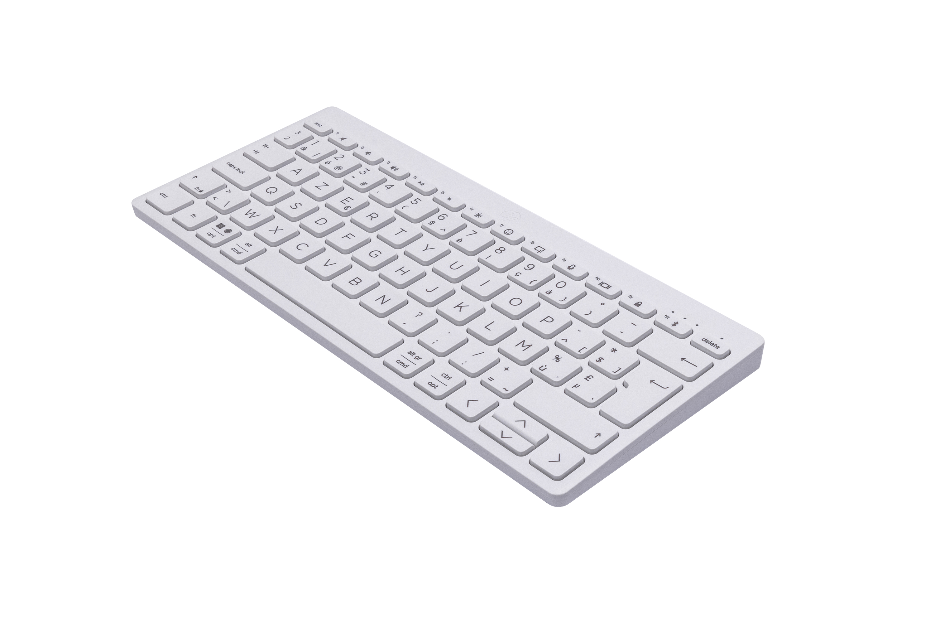 Ein hellgraues, kabelloses Tastatur-Layout mit Buchstaben und Zahlen.