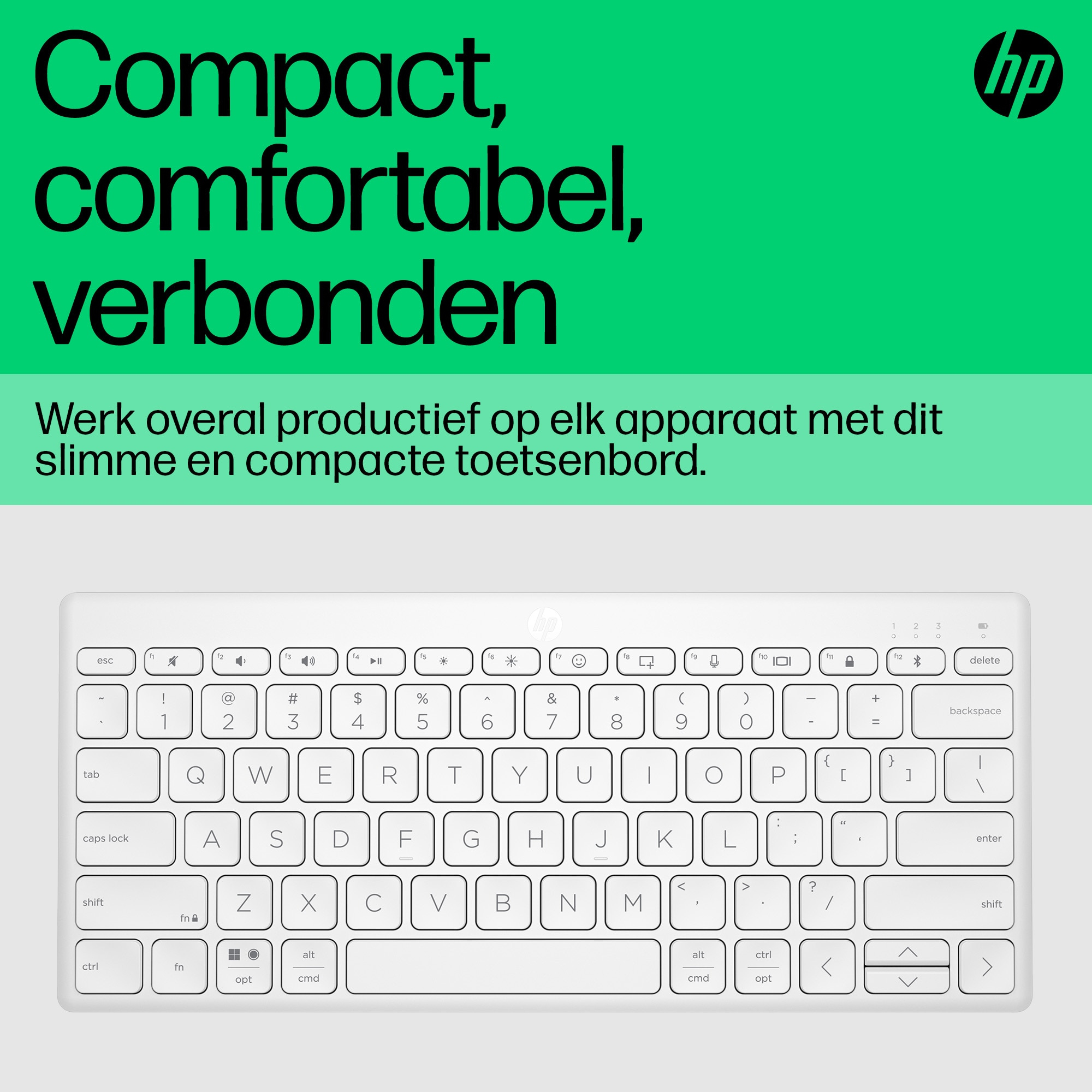 Kompakte HP Tastatur mit schwarzer Schrift auf grünem Hintergrund.