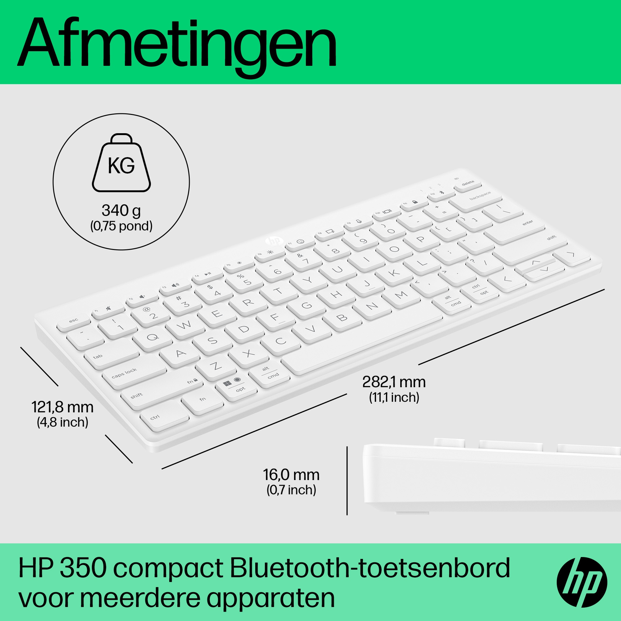 Weiße HP Bluetooth-Tastatur mit Abmessungen und Gewicht.