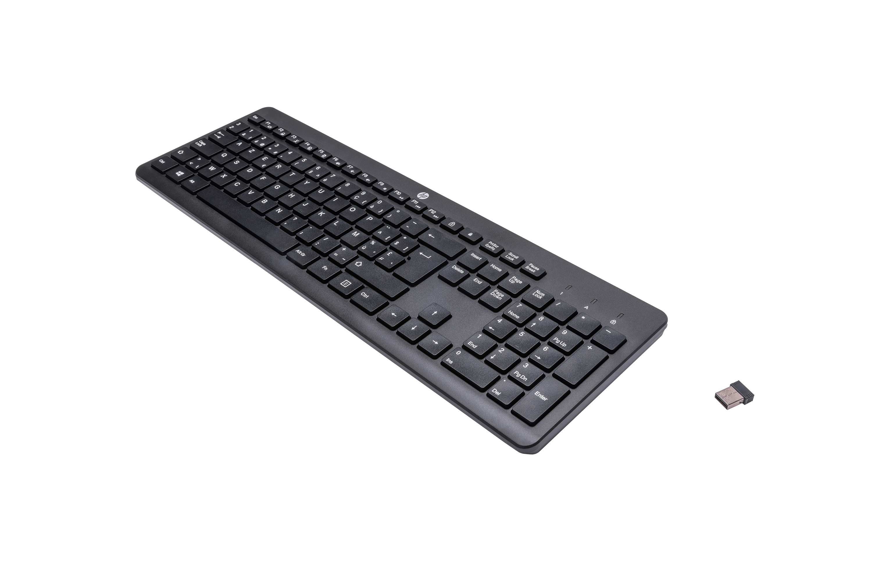 Black keyboard and USB dongle on a white background.