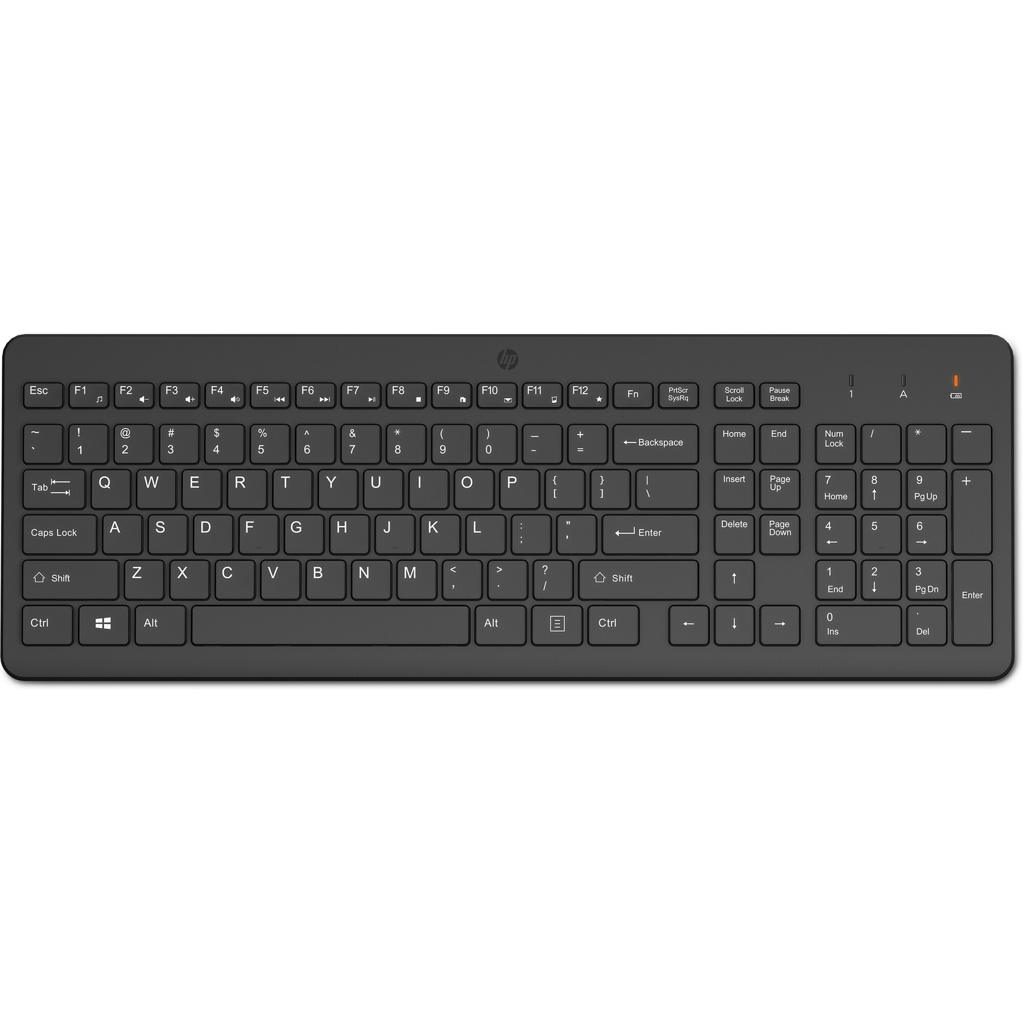 Teclado HP negro de diseño completo con teclado numérico y teclas de función.