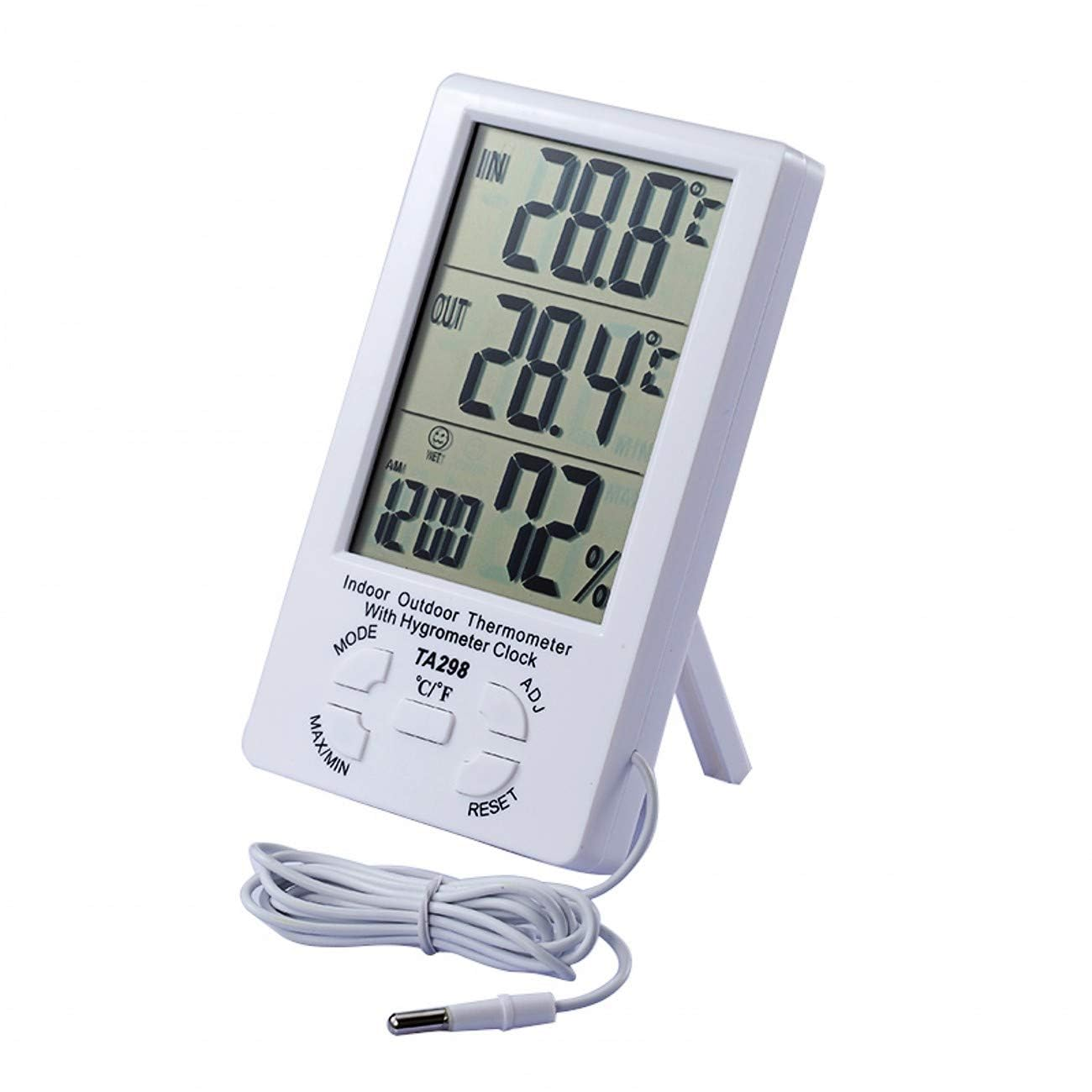 Digitales Thermometer mit Außensensor, zeigt Innen-/Außentemperatur, Luftfeuchtigkeit und Uhrzeit.