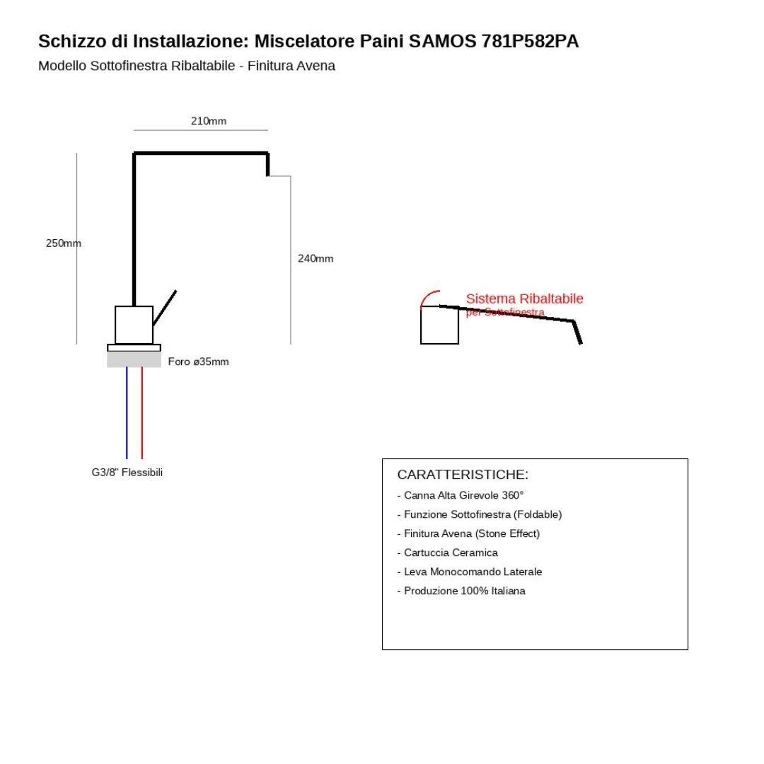 Disegno tecnico di un rubinetto con dimensioni e caratteristiche.