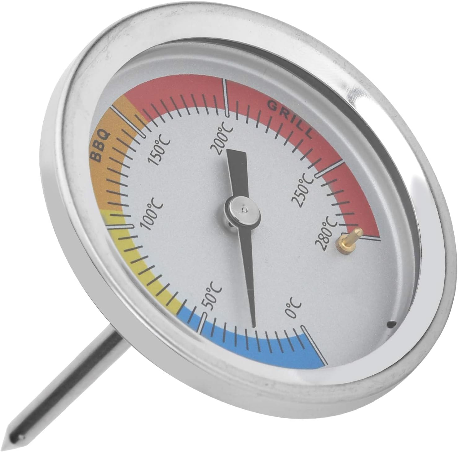 Ein runder Grillthermometer mit silbernem Gehäuse und einer Sonde.