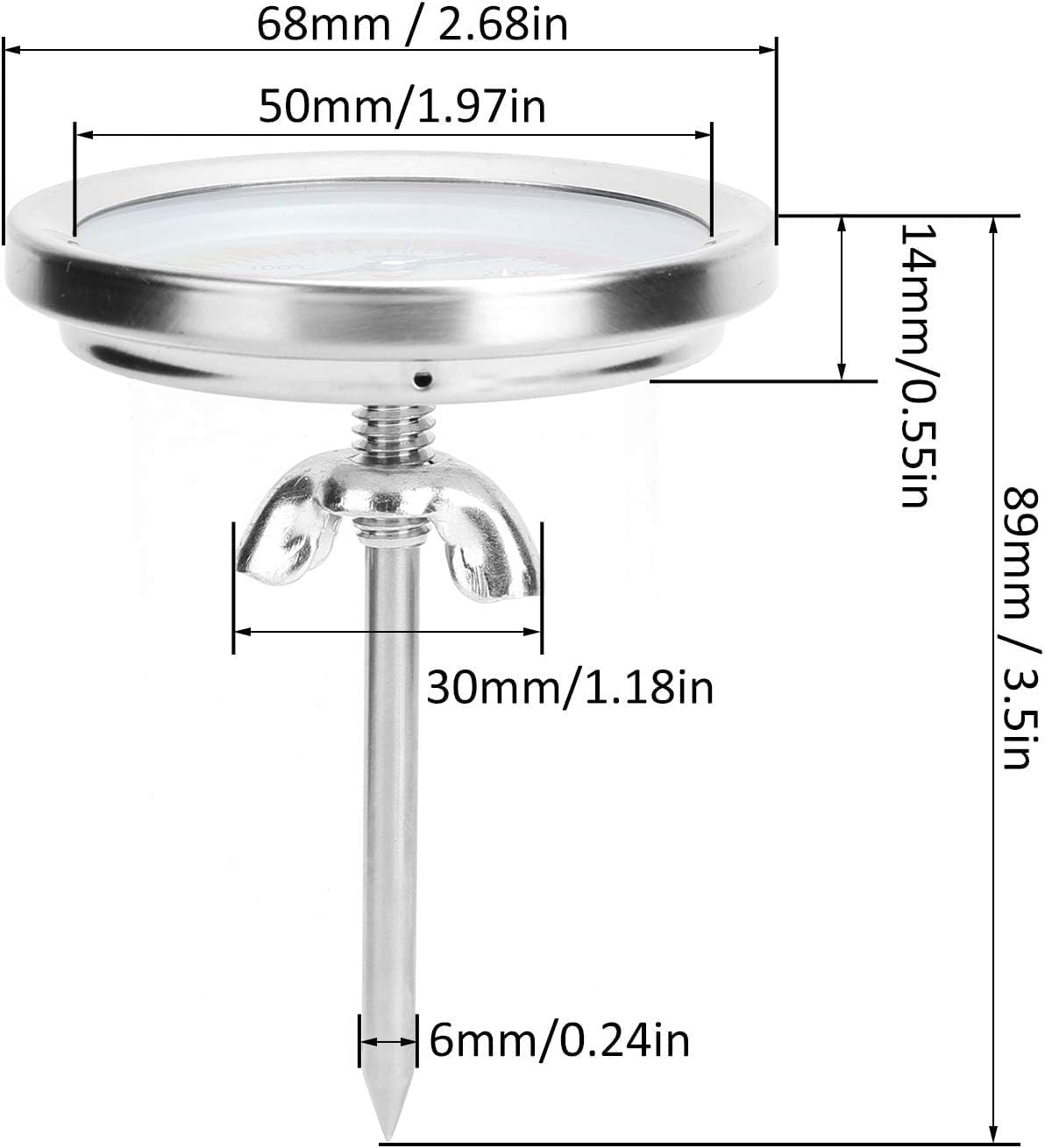Ein Thermometer aus Edelstahl mit Maßen. Das Zifferblatt ist 50mm breit, die Sonde ist 6mm breit.