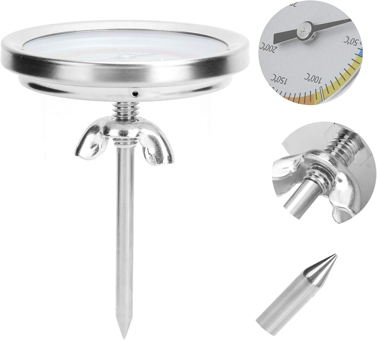 Ein detailliertes Bild eines Fleischthermometers mit Edelstahlsonde und Zifferblatt.