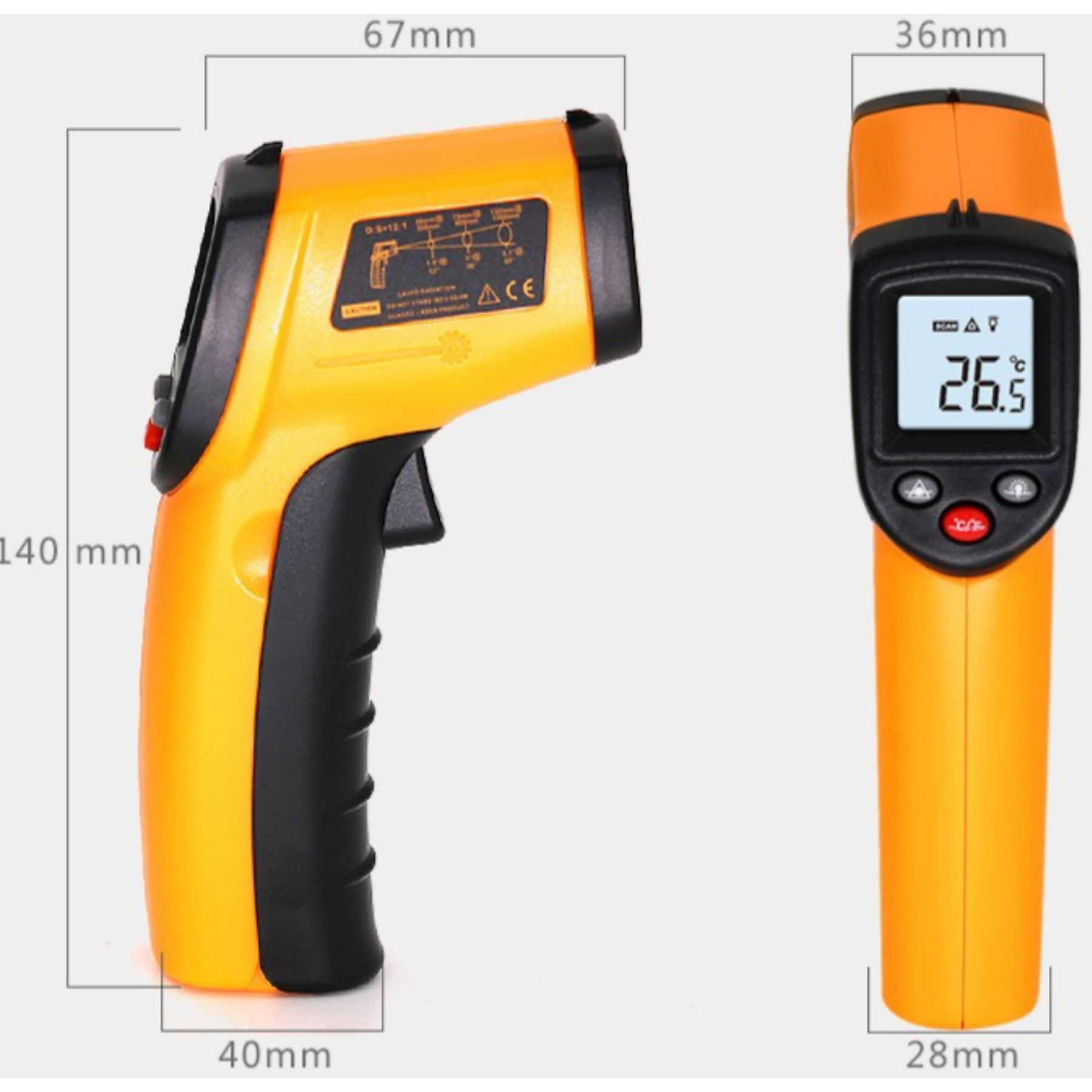 Zwei orangefarbene Infrarot-Thermometer mit schwarzen Griffen. Eines zeigt 26,5°C.
