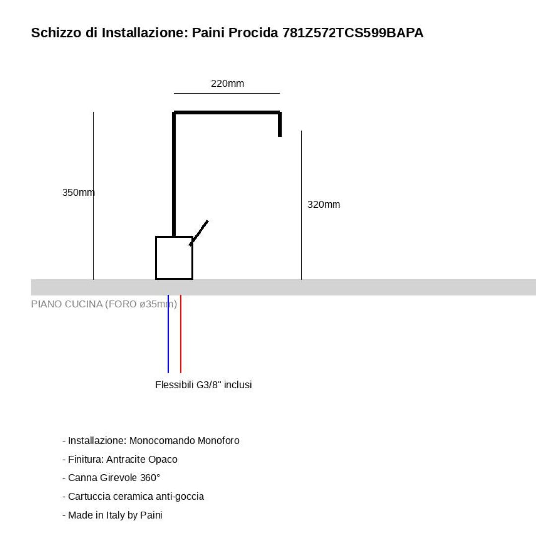 Schizzo installazione rubinetto misure: 220mm larghezza, 350mm altezza.