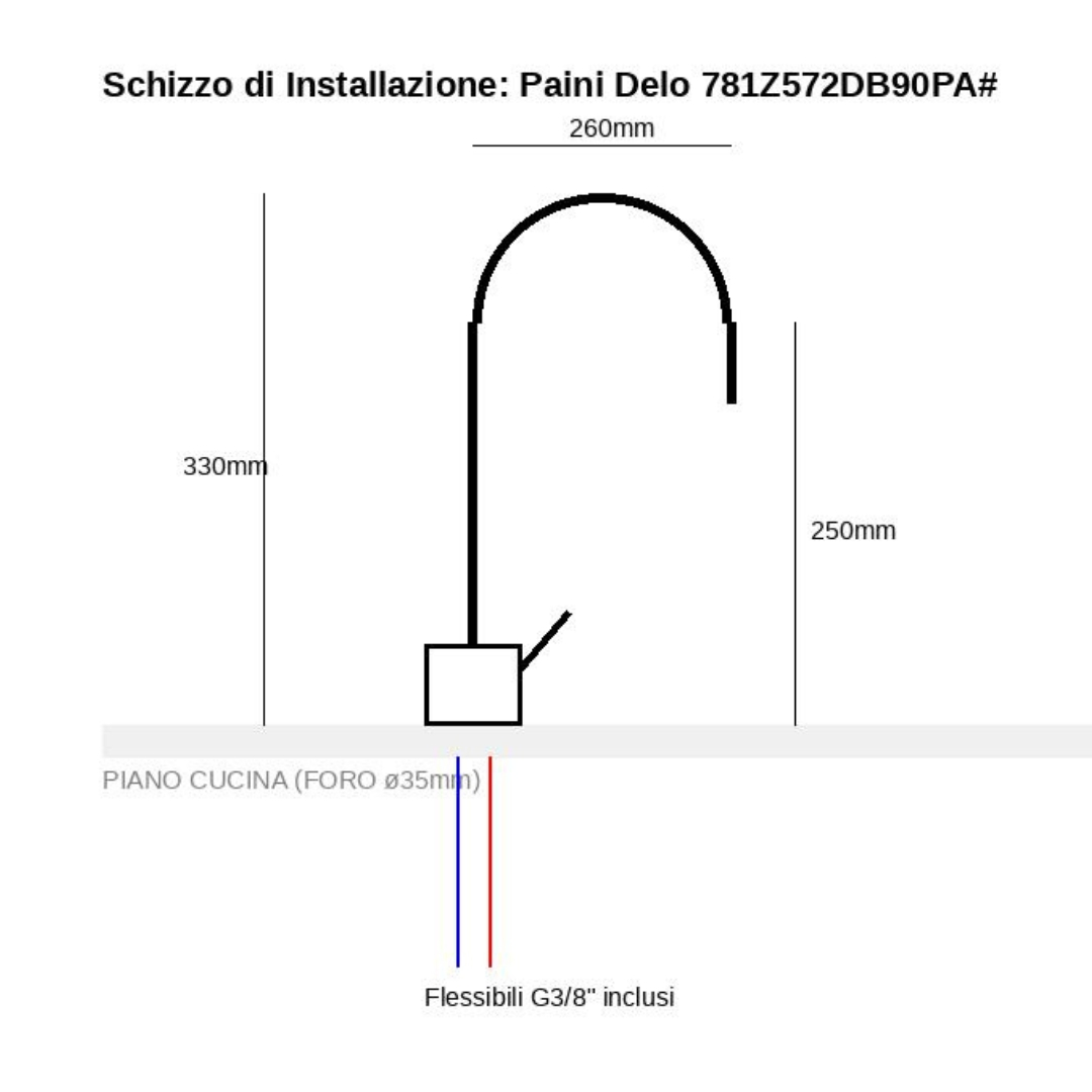 Schizzo di installazione rubinetto con misure: altezza 330mm, profondità 260mm.