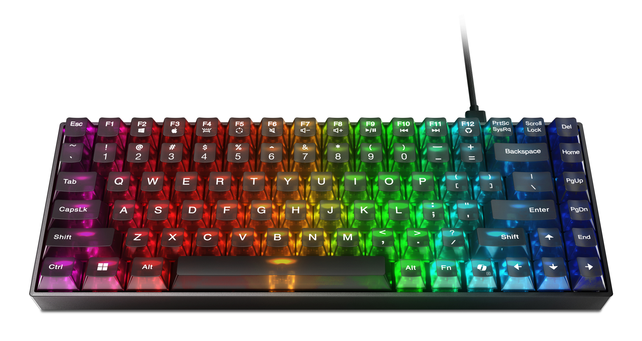 Eine mechanische Tastatur mit regenbogenfarbenen Tastenkappen auf weißem Grund.