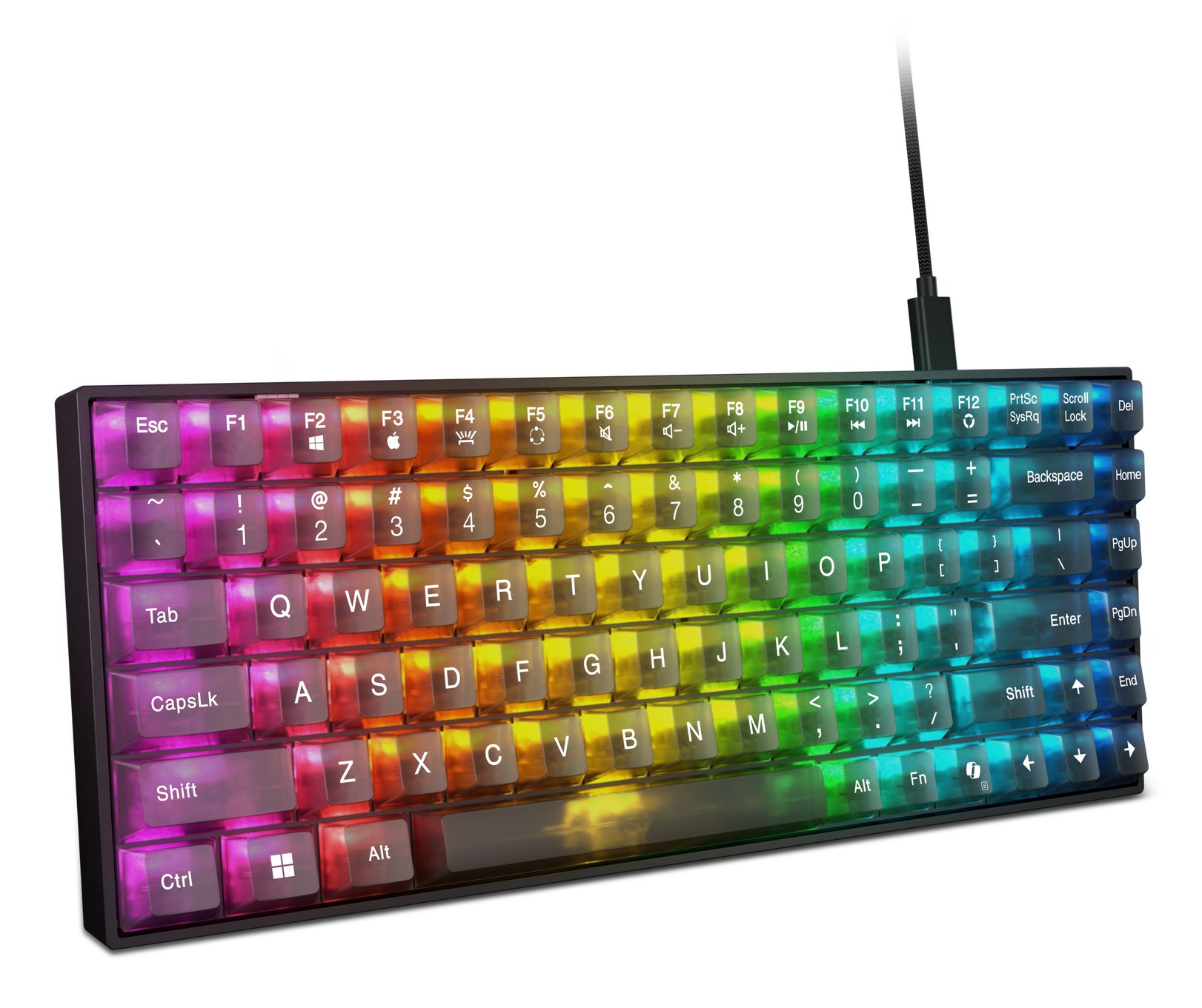 Eine schwarze mechanische Tastatur mit transluzenten, regenbogenfarbenen Tasten und weißem Kabel.