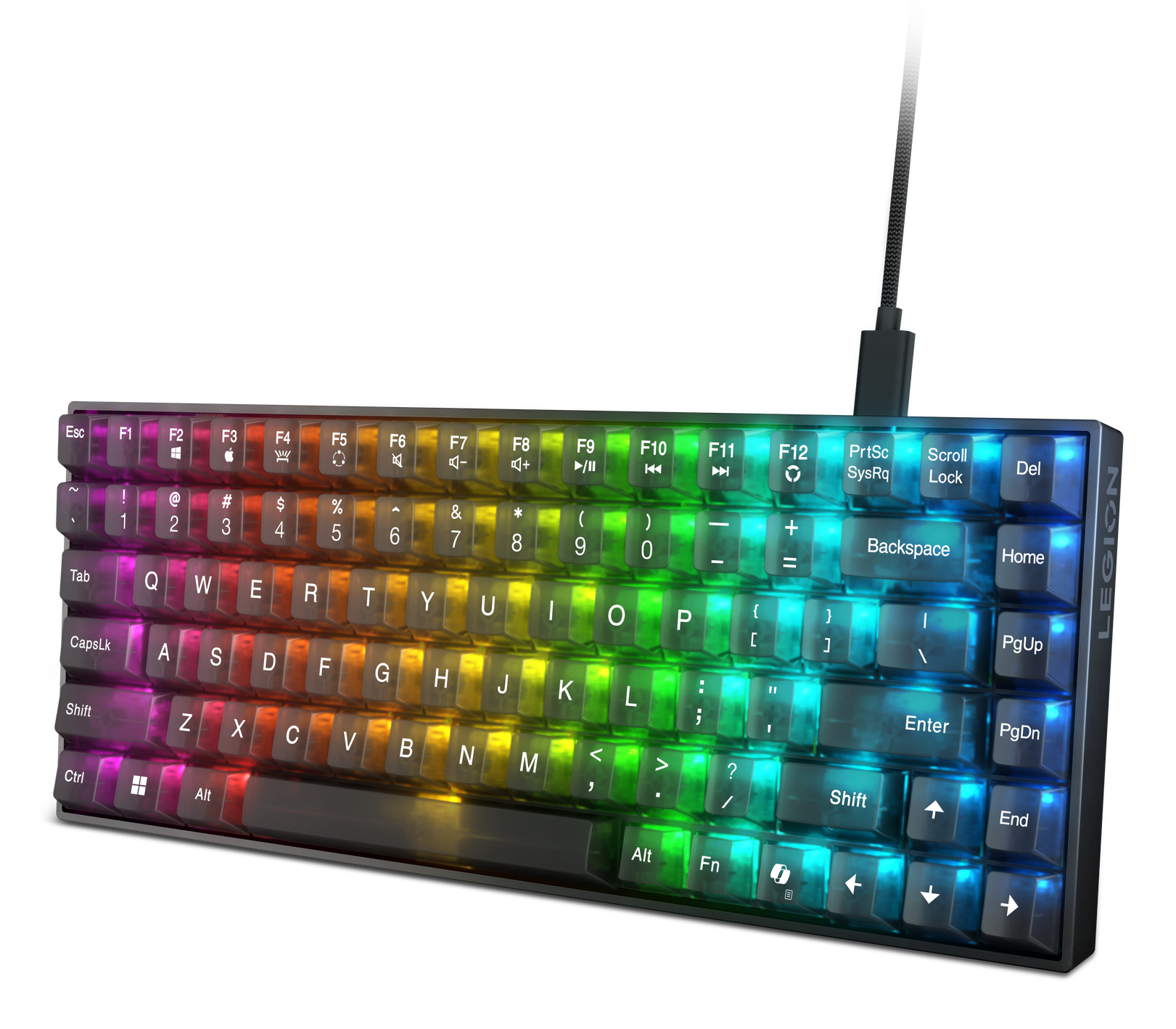 Eine kompakte Tastatur mit RGB-Beleuchtung und dem Schriftzug LEGION.