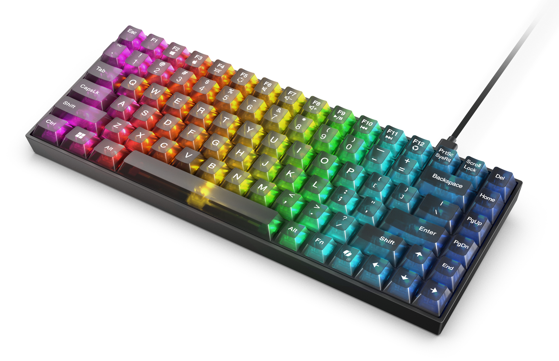 Ein kompaktes Tastatur-Layout mit Regenbogen-Farbverlauf-Tasten und schwarzem Rahmen.