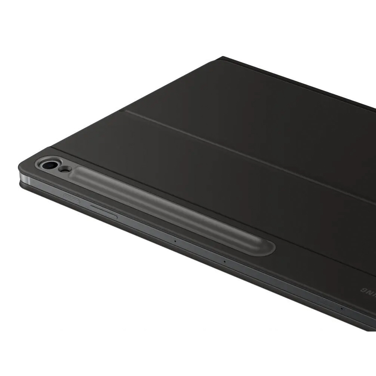 Tablette noire avec support stylet et appareil photo sur le côté, sur fond blanc.