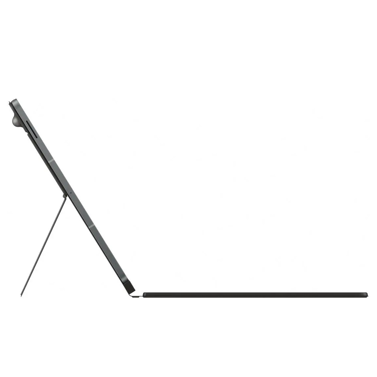 Tablette grise avec béquille déployée, sur fond blanc.