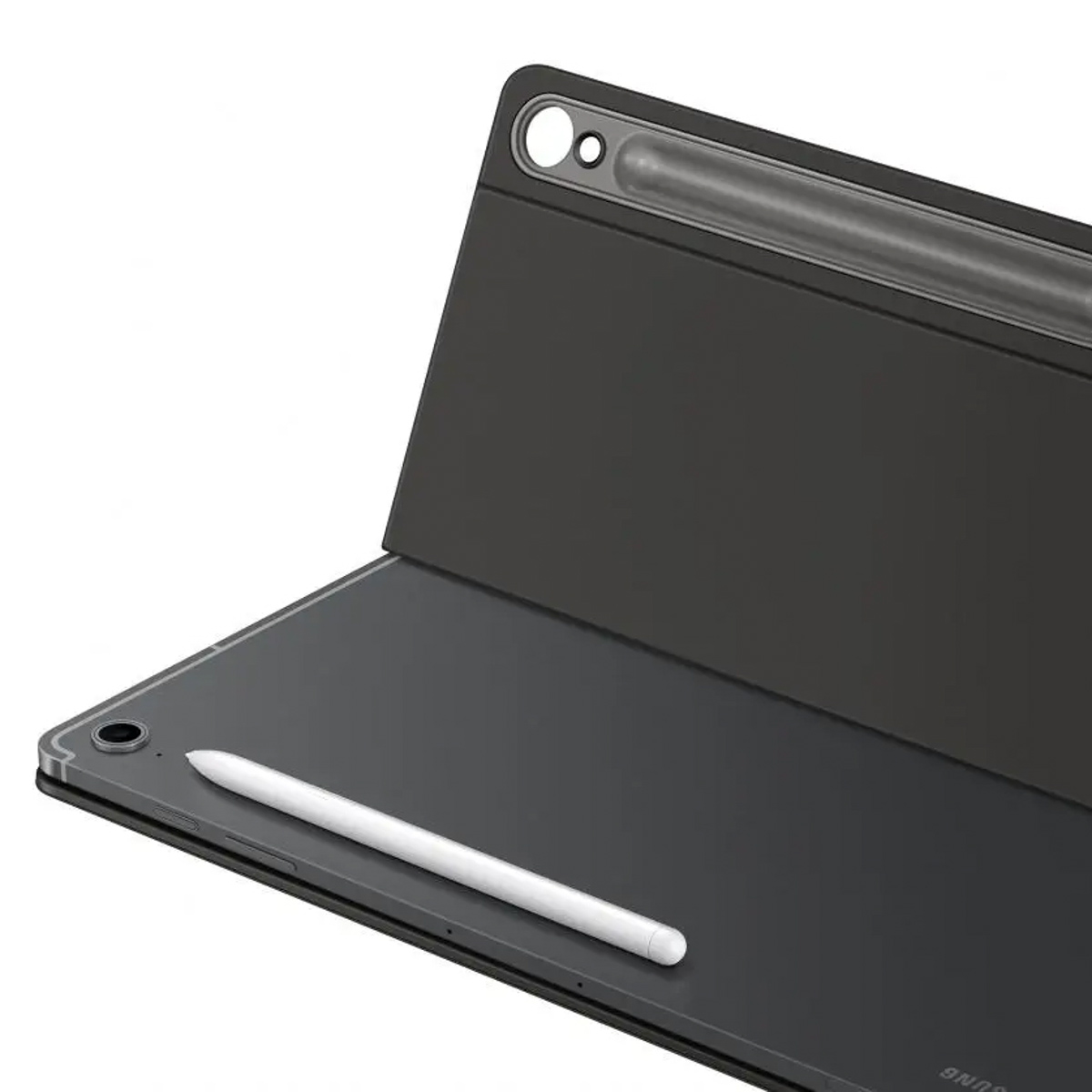 Une tablette sombre avec stylet et housse détachable, posée sur une surface blanche.