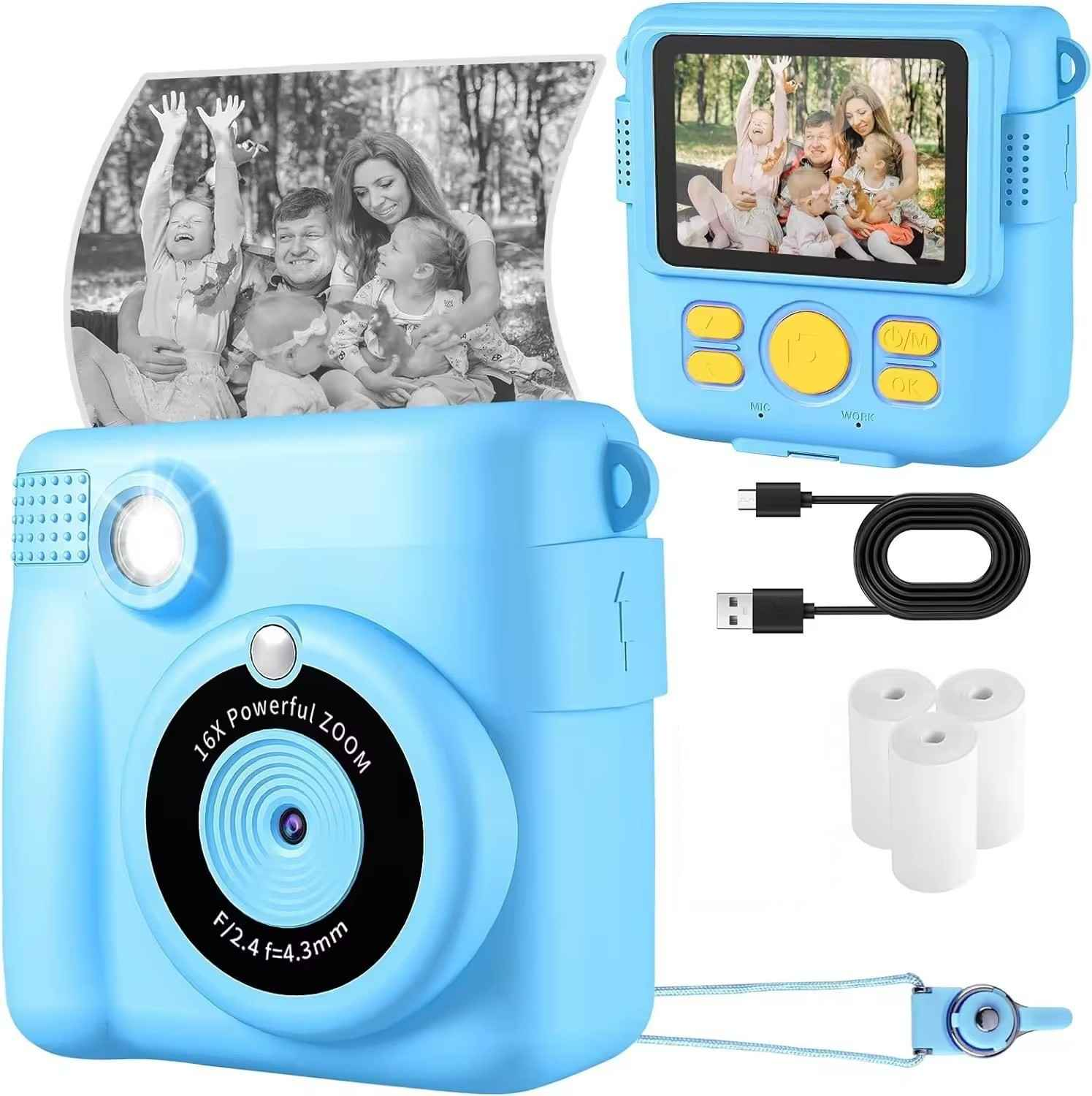 Eine blaue Digitalkamera mit einem Familienfoto auf dem Bildschirm und Zubehör.