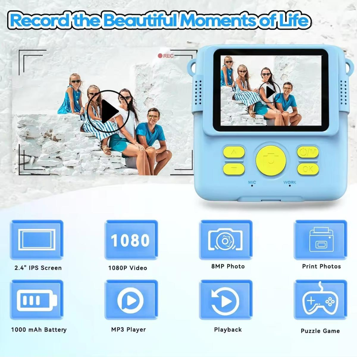 Blaue Digitalkamera mit Merkmalen: 2,4" Bildschirm, 1080p Video, 8MP Foto.